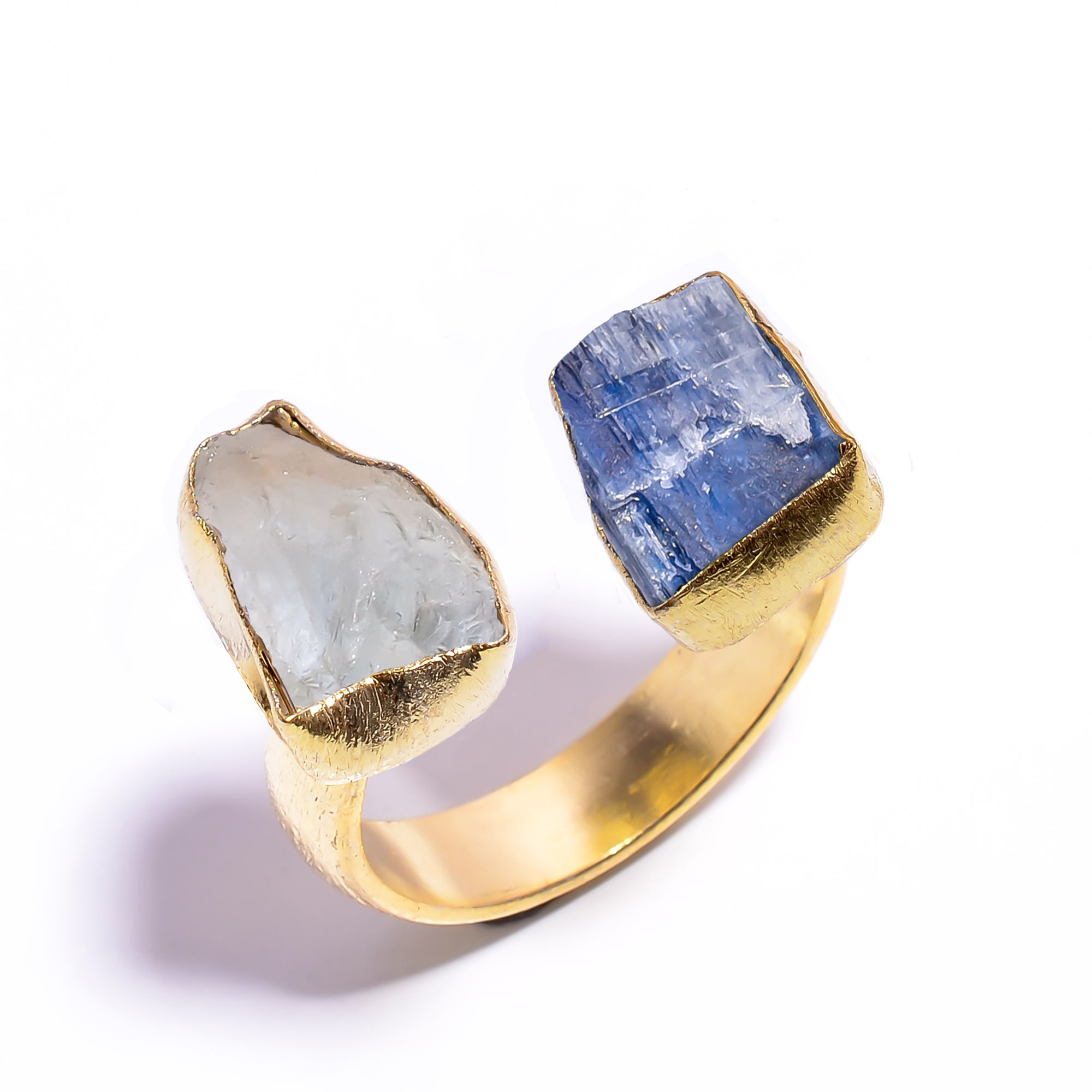 Natural Blue Kyanite Aquamarine Raw Gemstone 18k Gold Plated Ring Adjustable