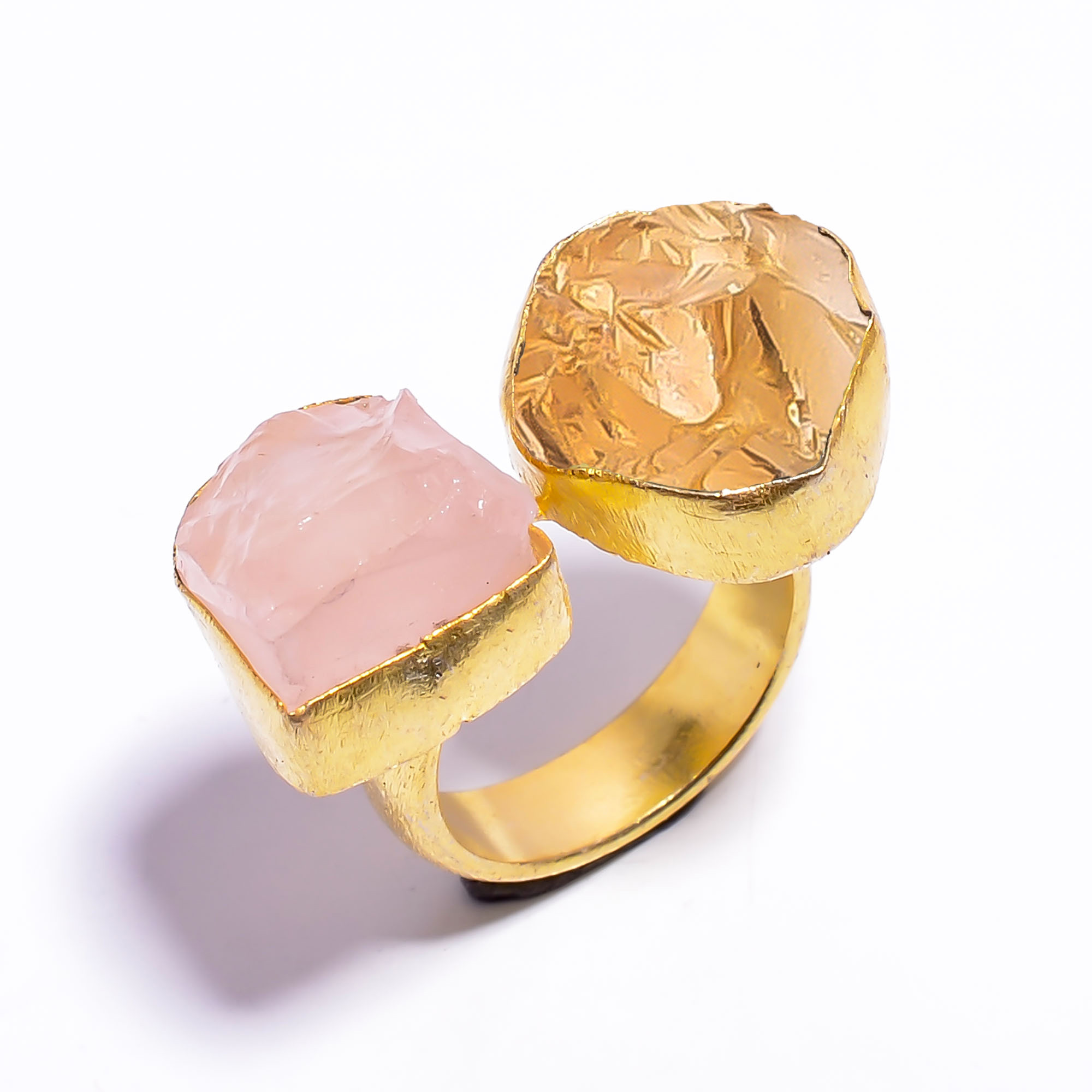 Natural Citrine Rose Quartz Raw Gemstone 18k Gold Plated Brass Ring Adjustable