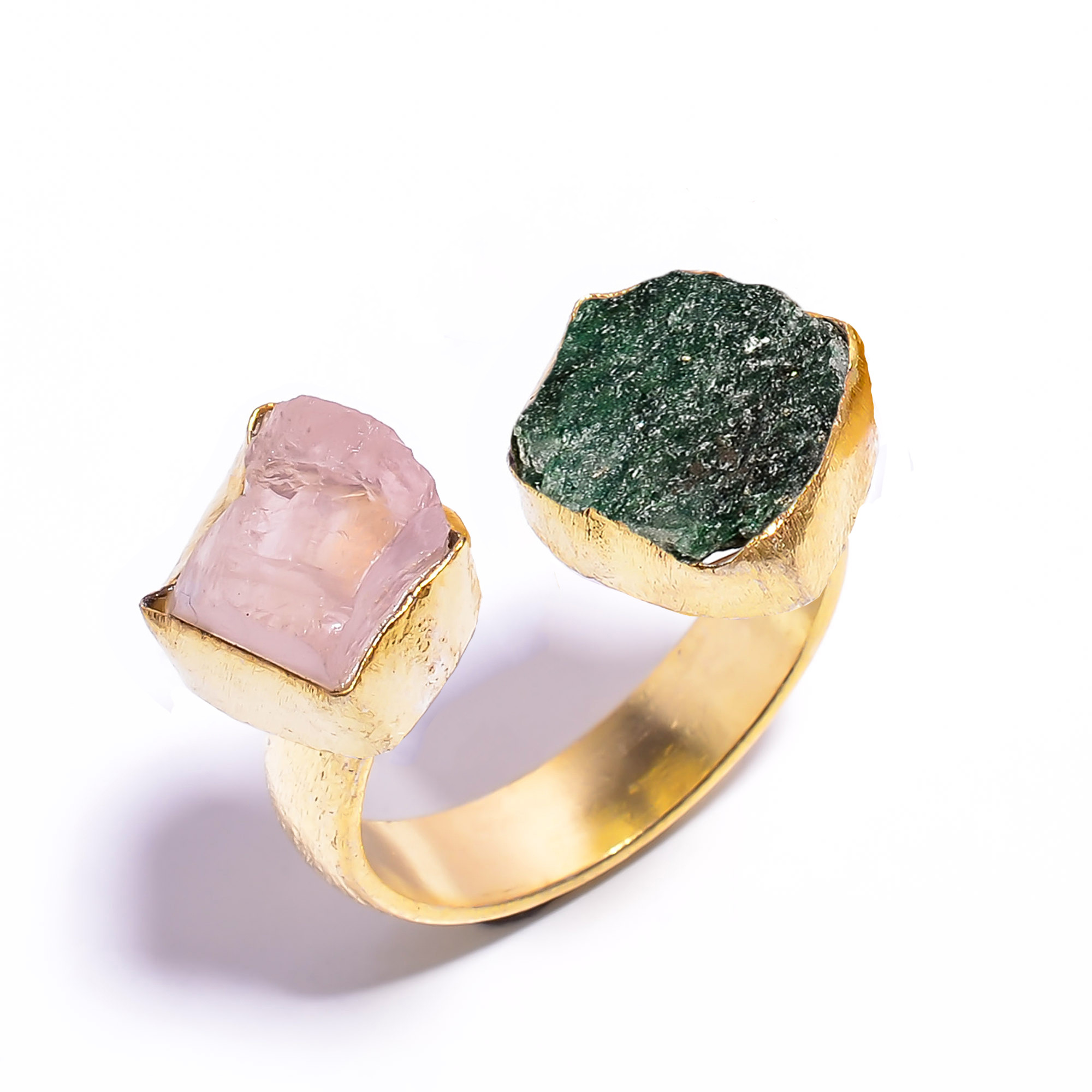 Natural Rose Quartz Green Aventurine Raw Gemstone 18k Gold Plated Ring Adjustable