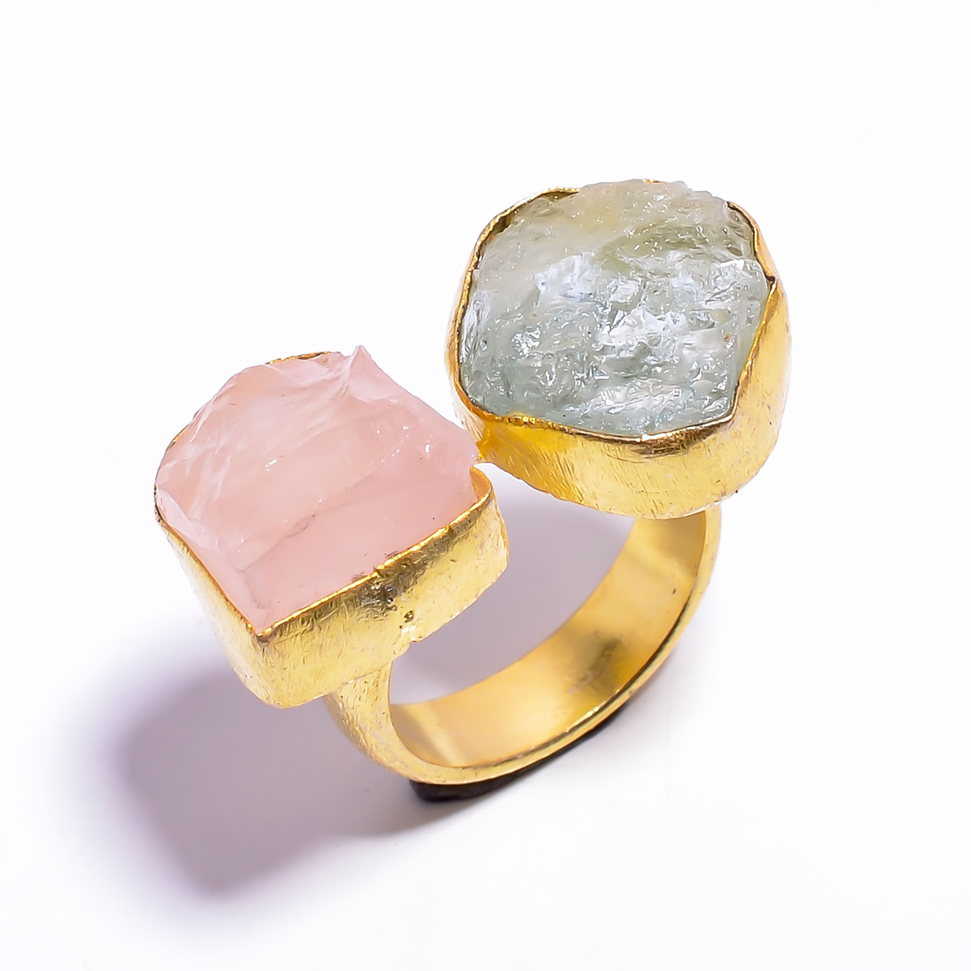 NaturalAquamarine Rose Quartz Raw Gemstone 18k Gold Plated Ring Adjustable