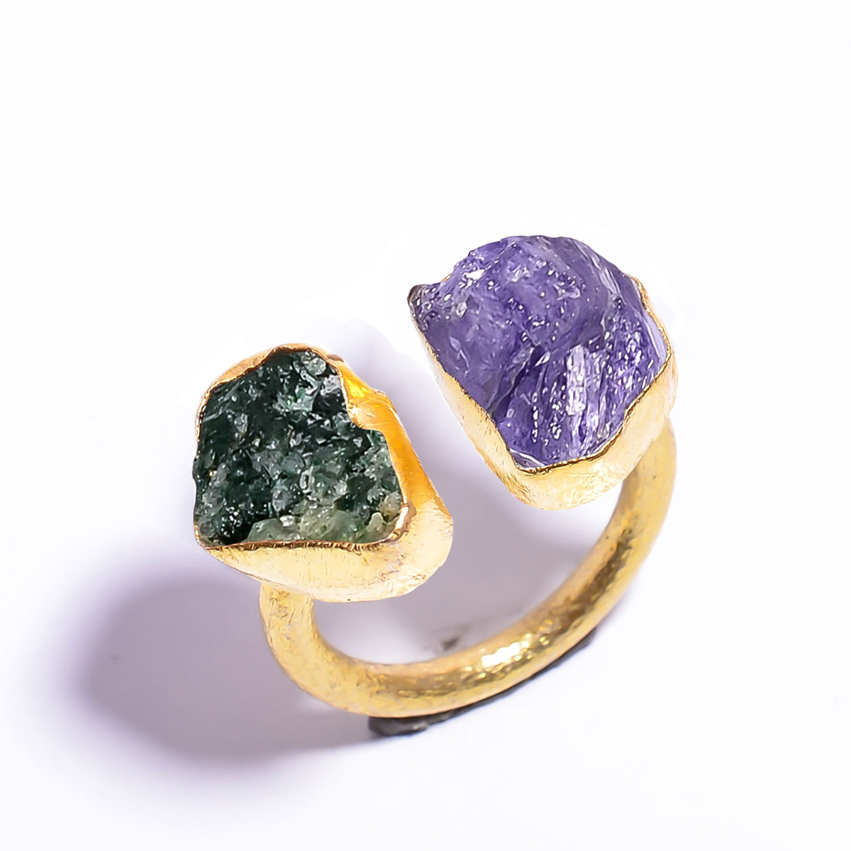 18k Gold Plated Ring Adjustable Natural Green Aventurine Tanzanite Raw Gemstone