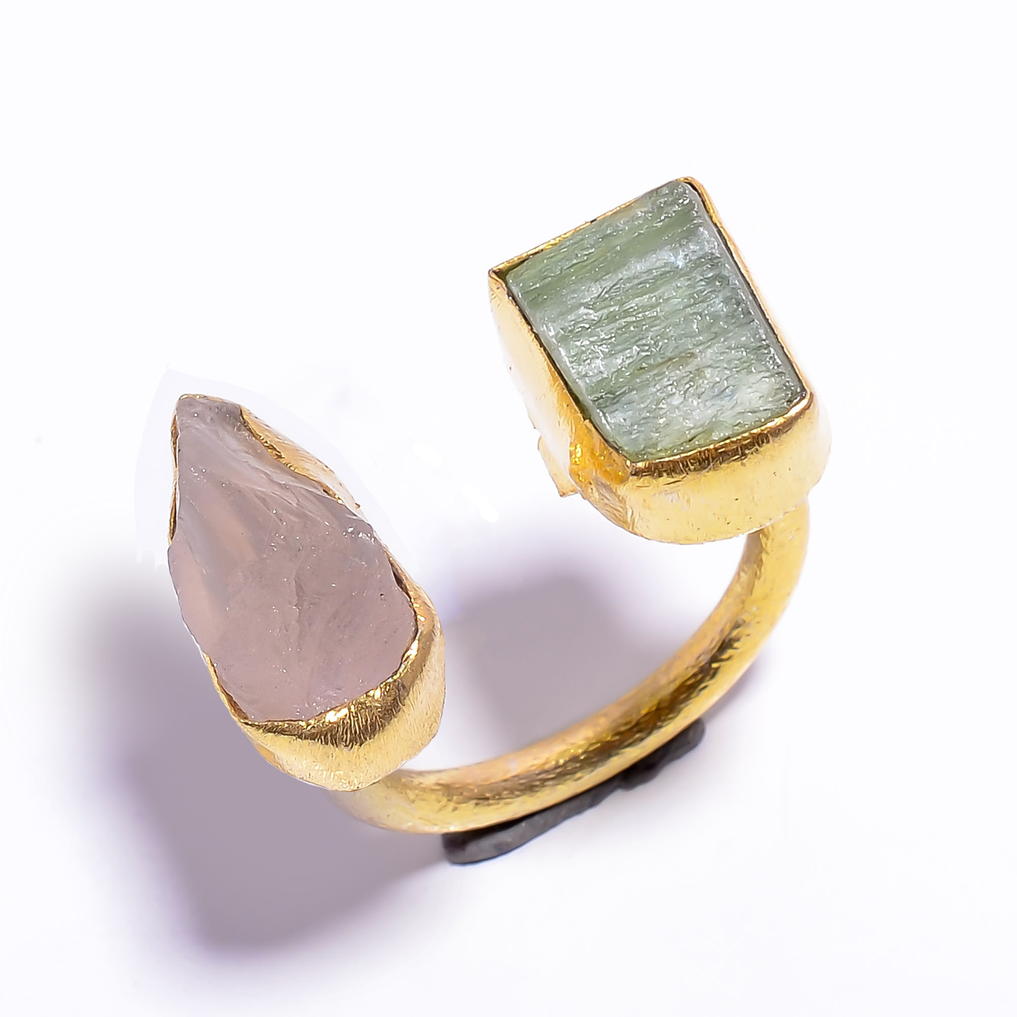 18k Gold Plated Ring Adjustable Natural Rose Quartz Green Kyanite Raw Gemstone