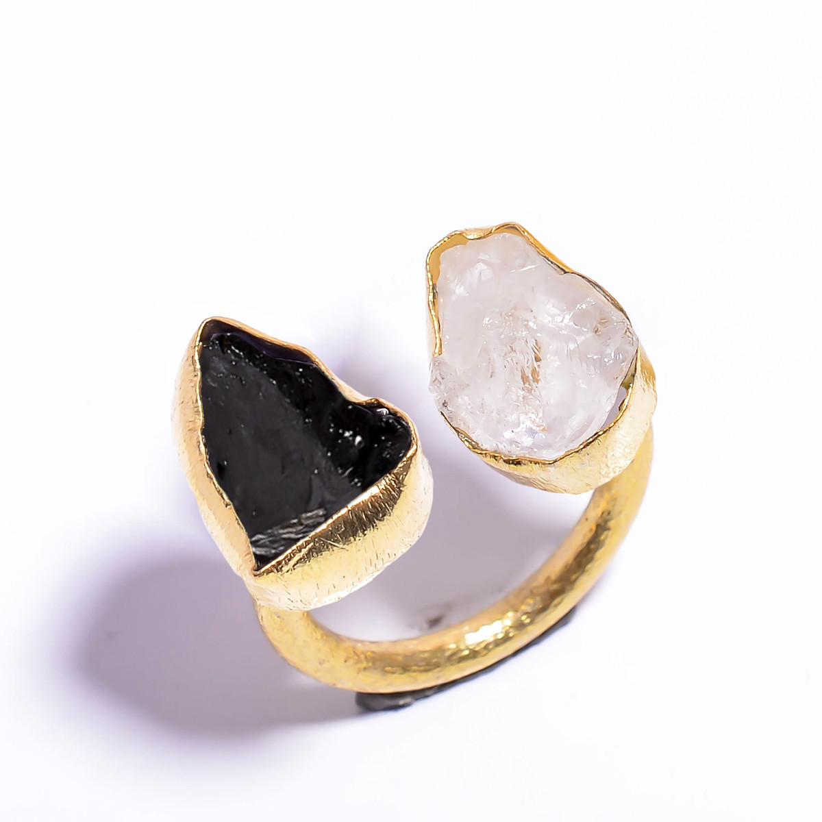 18k Gold Plated Ring Adjustable Natural Black Tourmaline Crystal Raw Gemstone