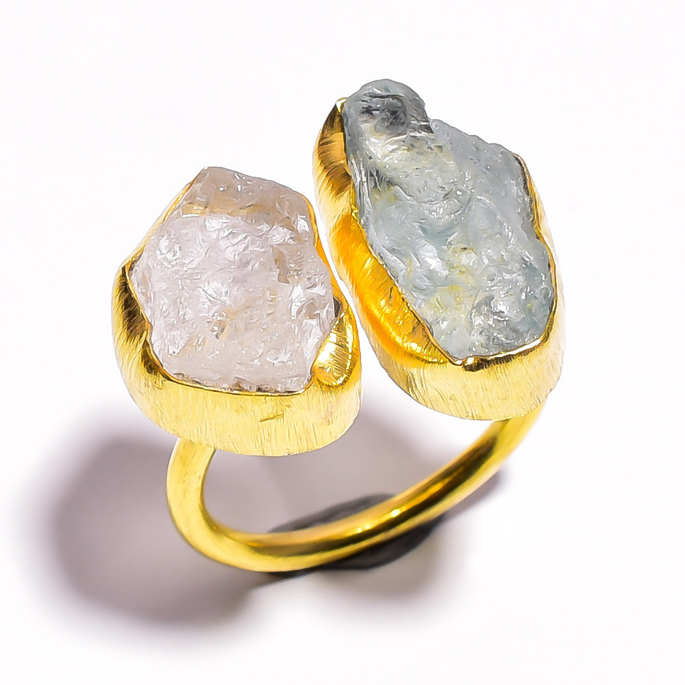 18k Gold Plated Ring Adjustable Natural Aquamarine Crystal Raw Gemstone