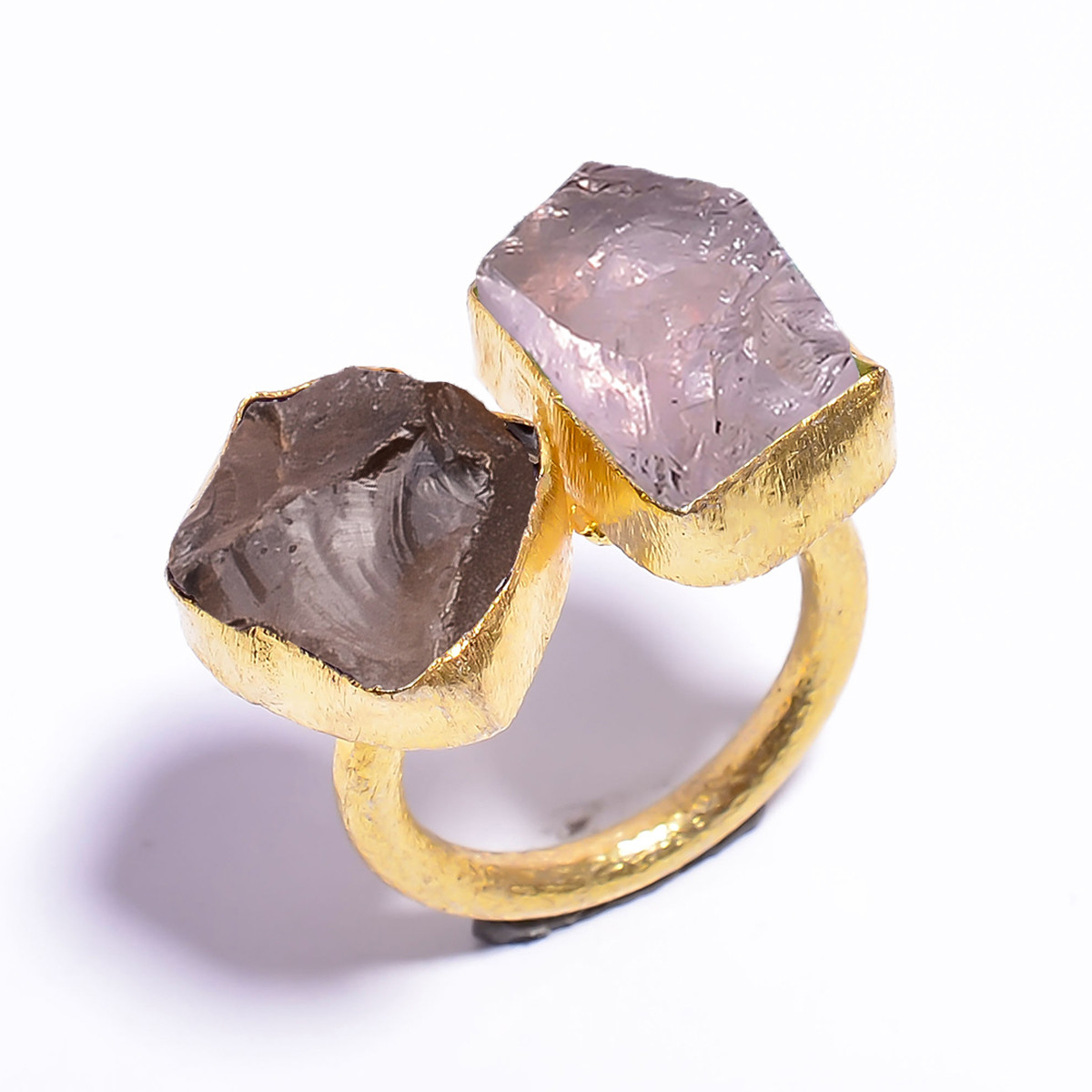 18k Gold Plated Ring Adjustable Natural Smoky Rose Quartz Raw Gemstone