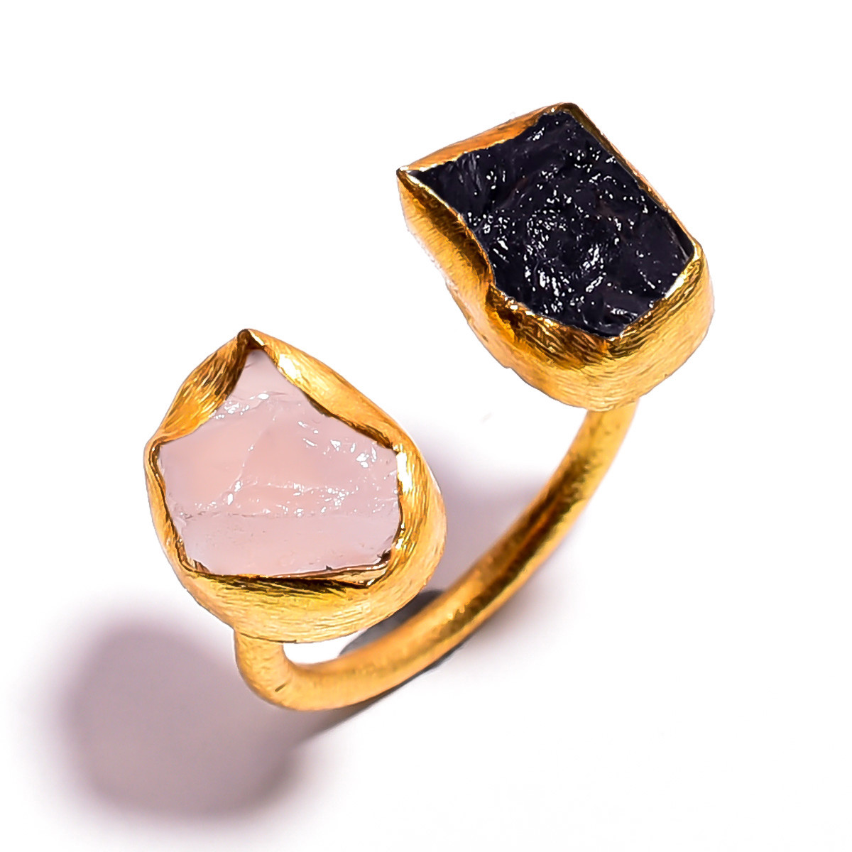 18k Gold Plated Ring Adjustable Natural Black Tourmaline Rose Quartz Raw Gemstone