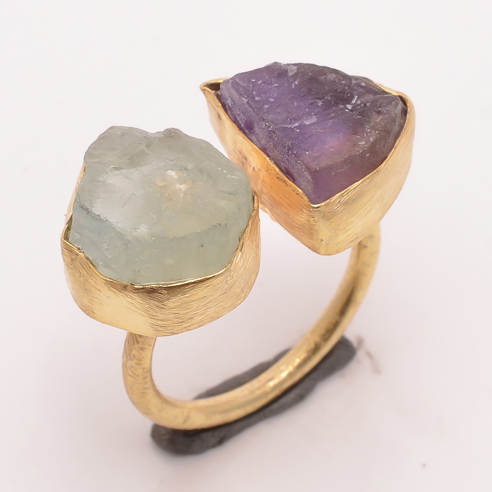 18k Gold Plated Ring Size US 8 Adjustable Natural Amethyst Aquamarine Raw Gemstone
