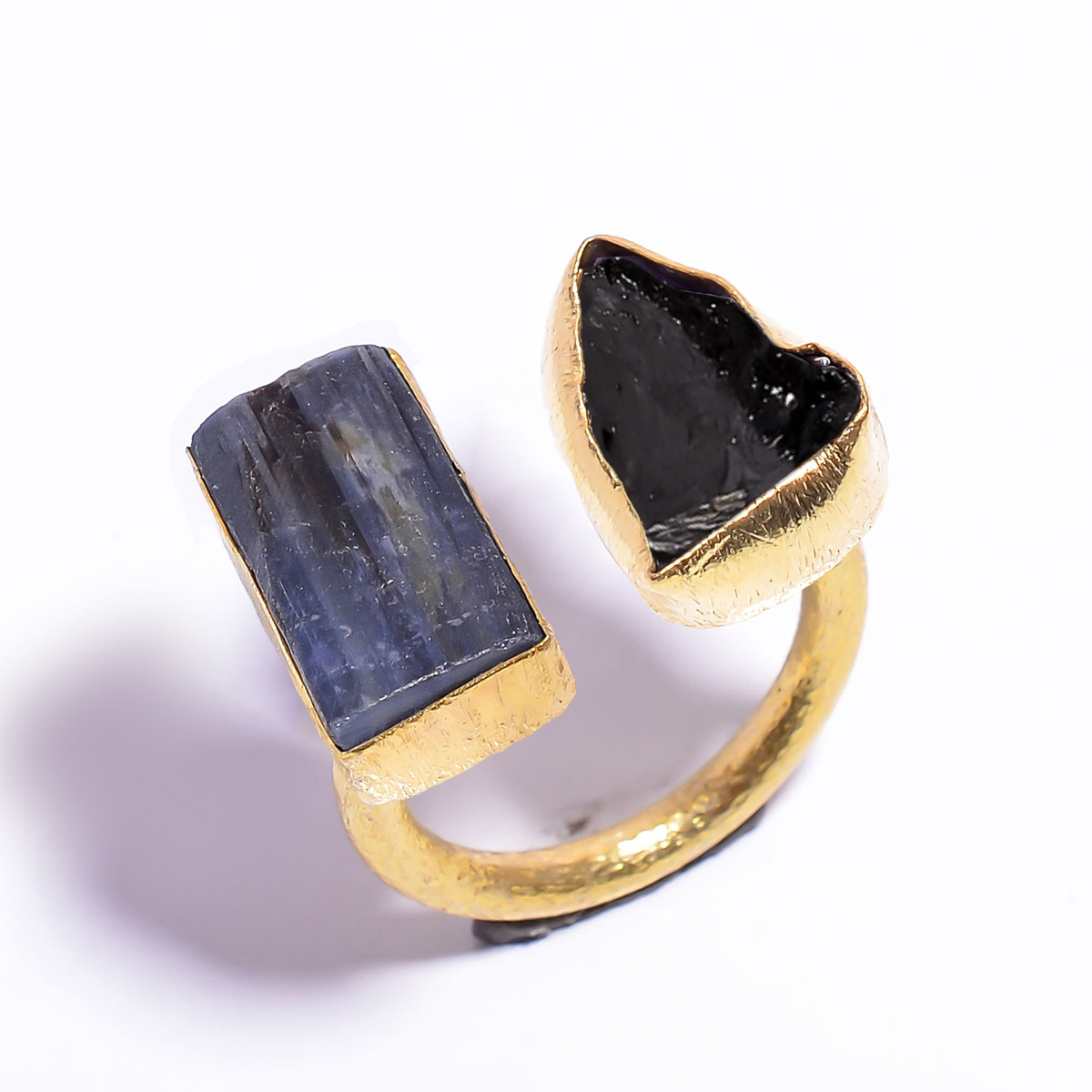 18k Gold Plated Ring Adjustable Natural Black Tourmaline Blue Kyanite Raw Gemstone