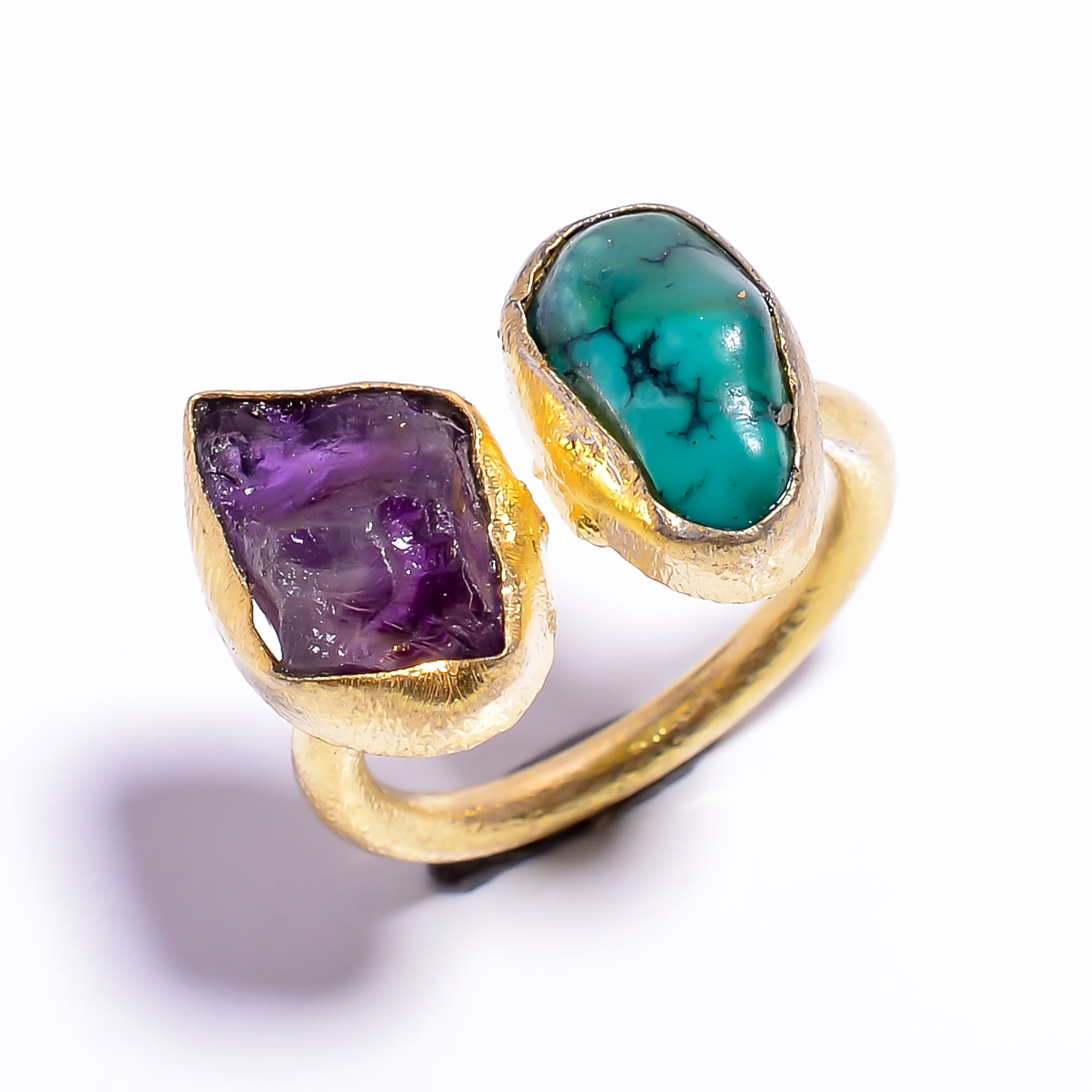 18k Gold Plated Ring Size US 55 Adjustable Turquoise Amethyst Raw Gemstone