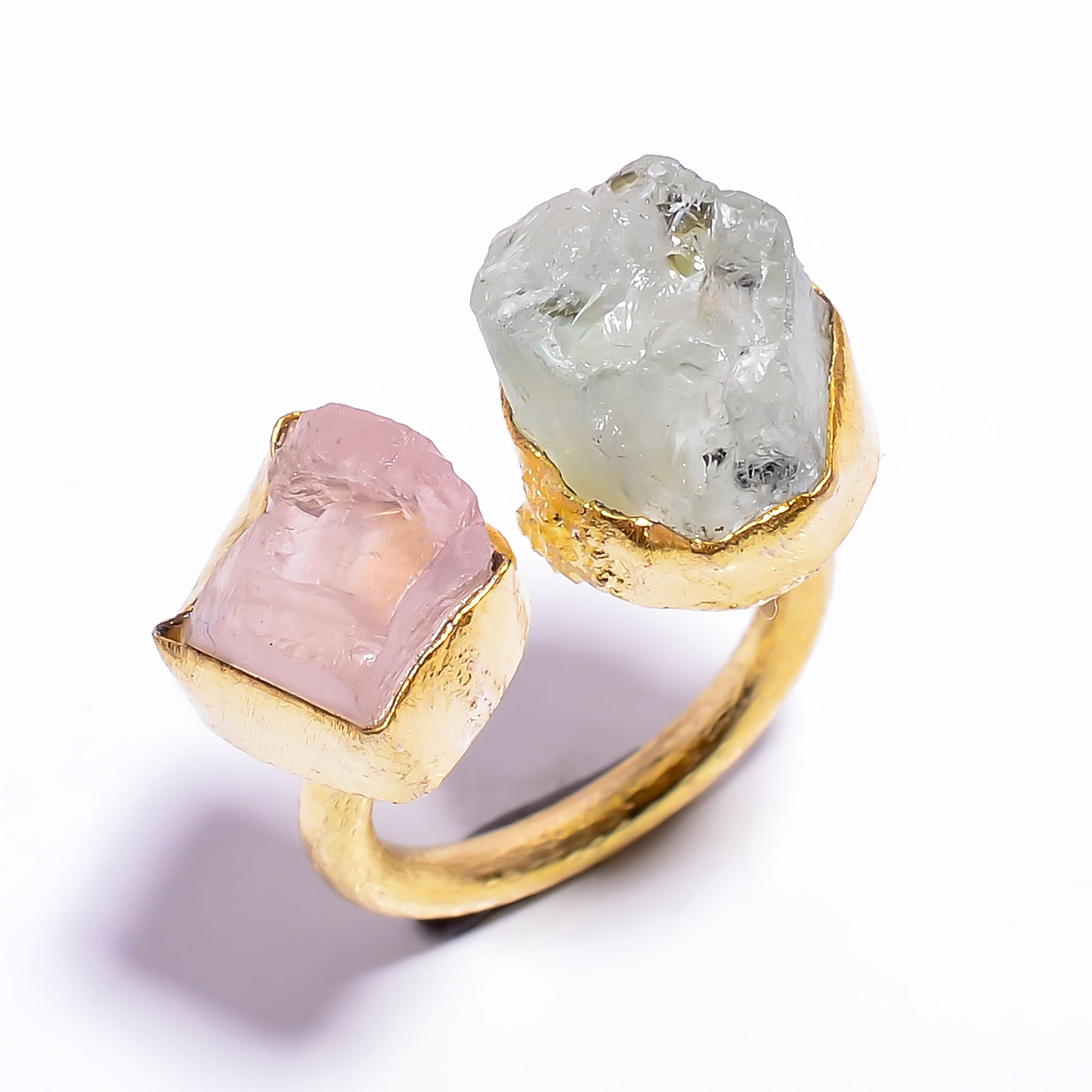 18k Gold Plated Ring Adjustable Natural Rose Quartz Aquamarine Raw Gemstone