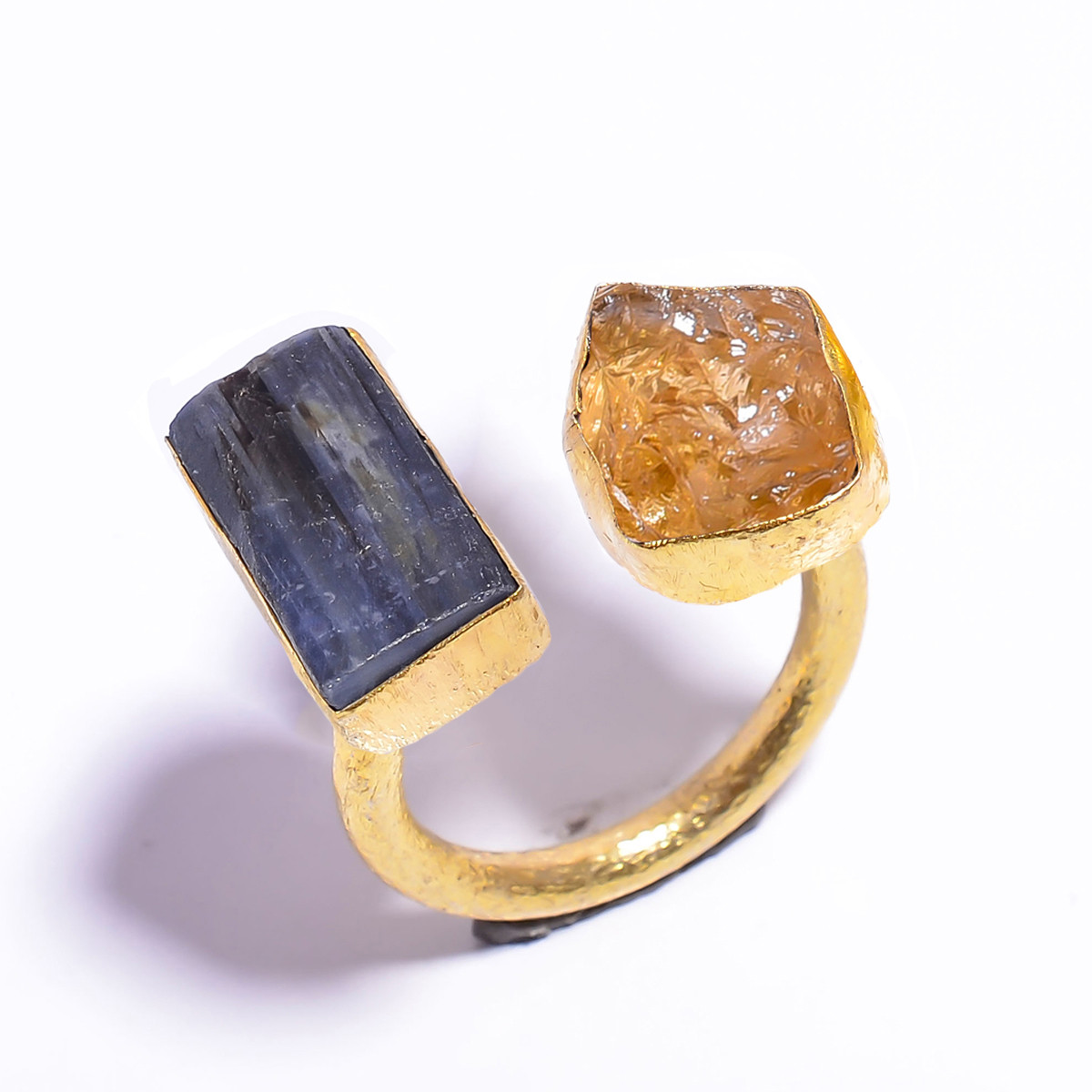 18k Gold Plated Ring Adjustable Natural Citrine Blue Kyanite Raw Gemstone