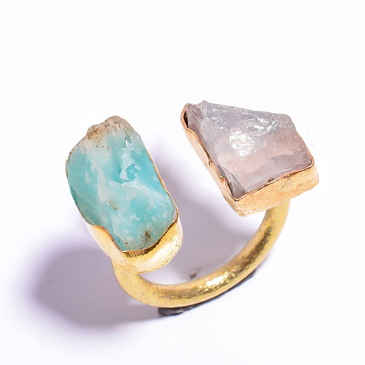 18k Gold Plated Ring Adjustable Natural Amazonite Rose Quartz Raw Gemstone