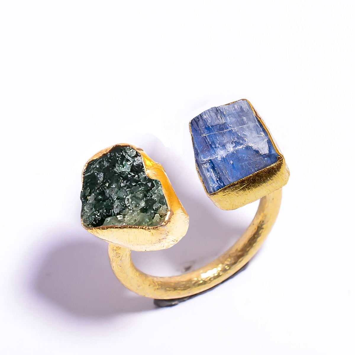 18k Gold Plated Ring Adjustable Natural Blue Kyanite Green Aventurine Raw Gemstone