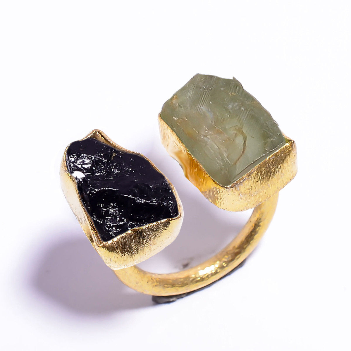 18k Gold Plated Ring Adjustable Natural Black Tourmaline Green Kyanite Raw Gemstone