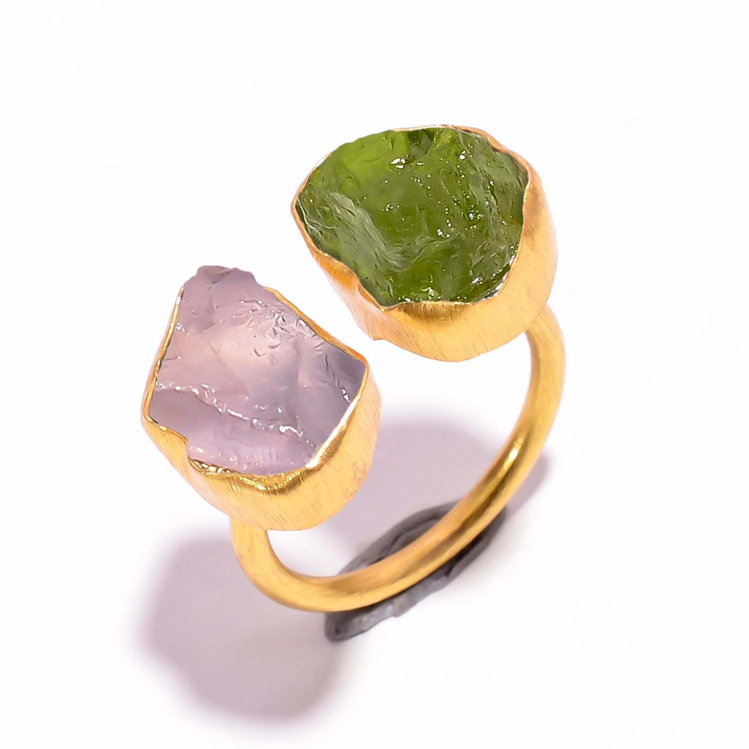 18k Gold Plated Ring Adjustable Natural Peridot Rose Quartz Raw Gemstone