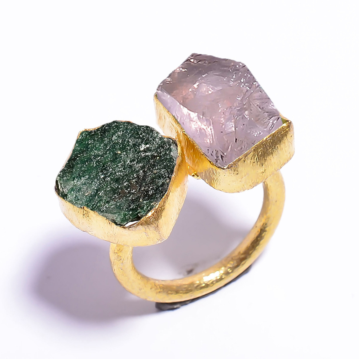18k Gold Plated Ring Adjustable Natural Green Aventurine Rose Quartz Raw Gemstone