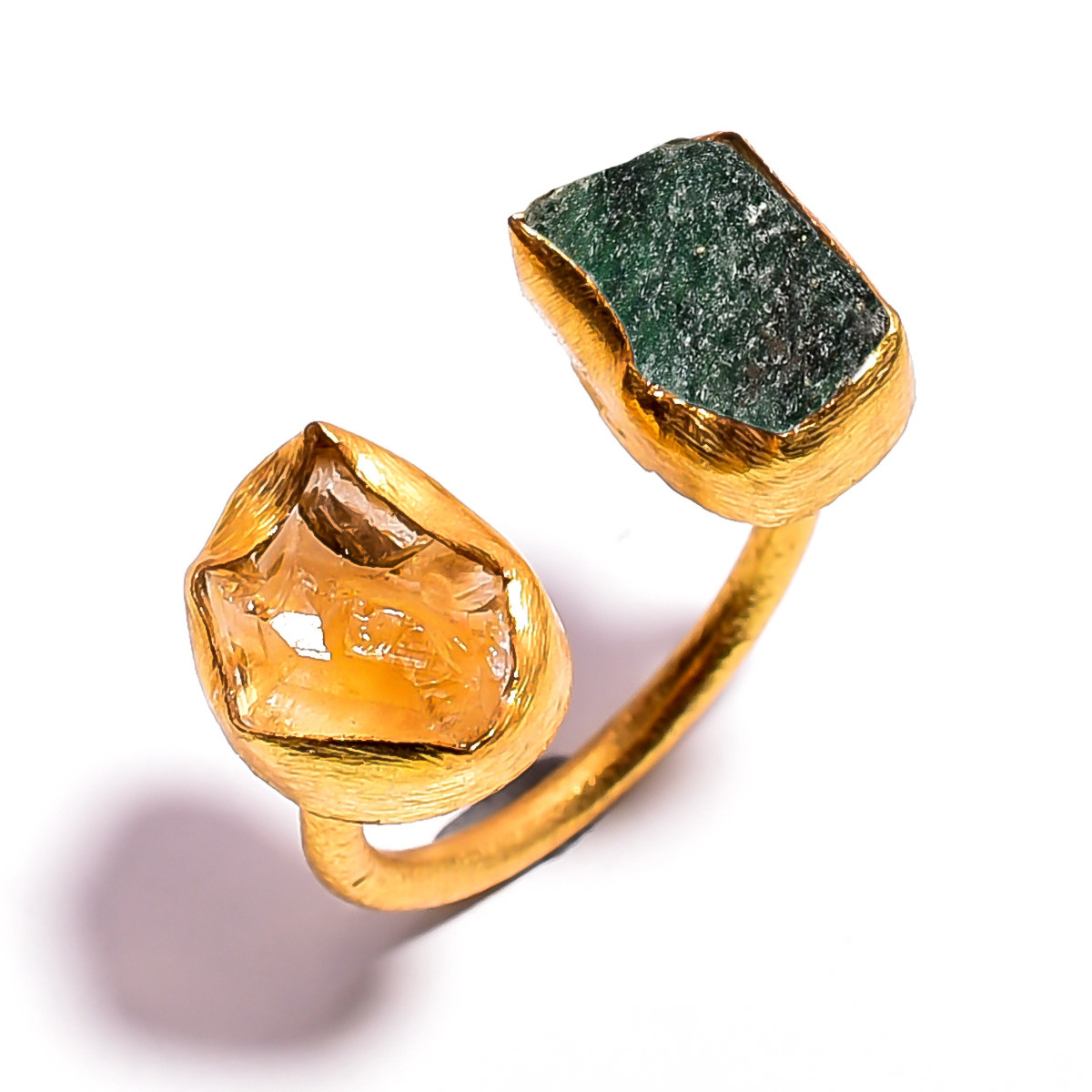 18k Gold Plated Ring Adjustable Natural Green Aventurine Citrine Raw Gemstone