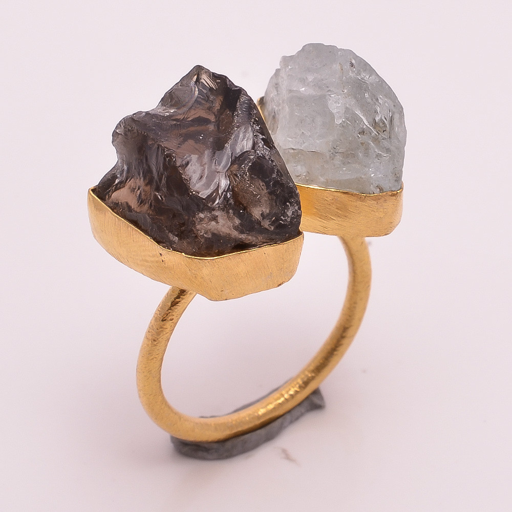 18k Gold Plated Ring Adjustable Natural Smoky Aquamarine Raw Gemstone