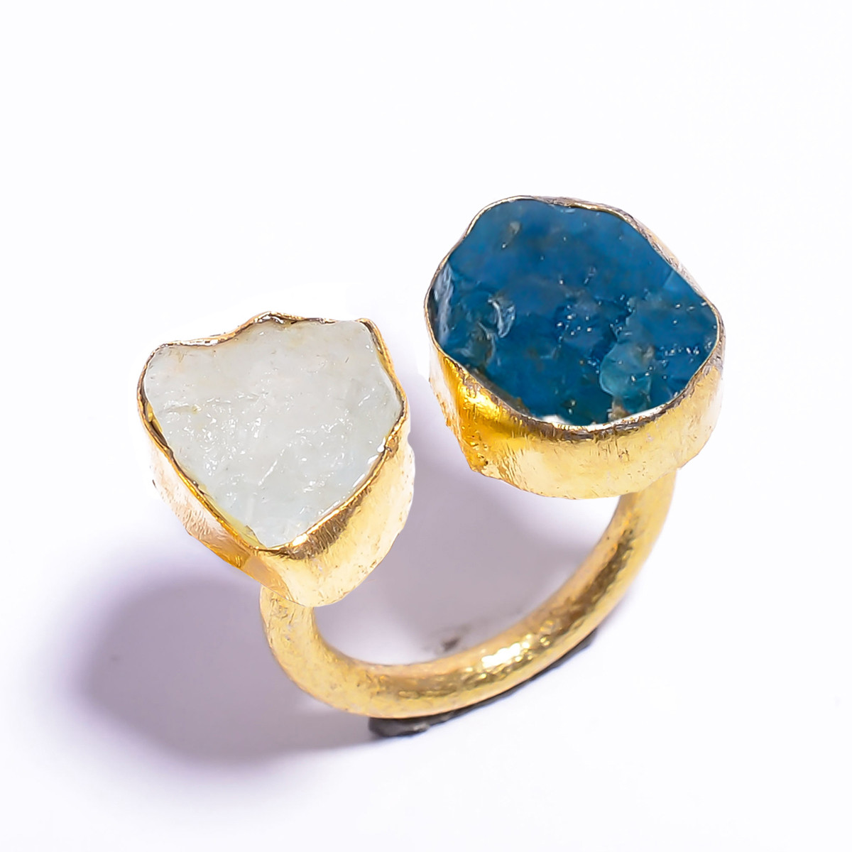 18k Gold Plated Ring Adjustable Natural Neon Apatite Aquamarine Raw Gemstone