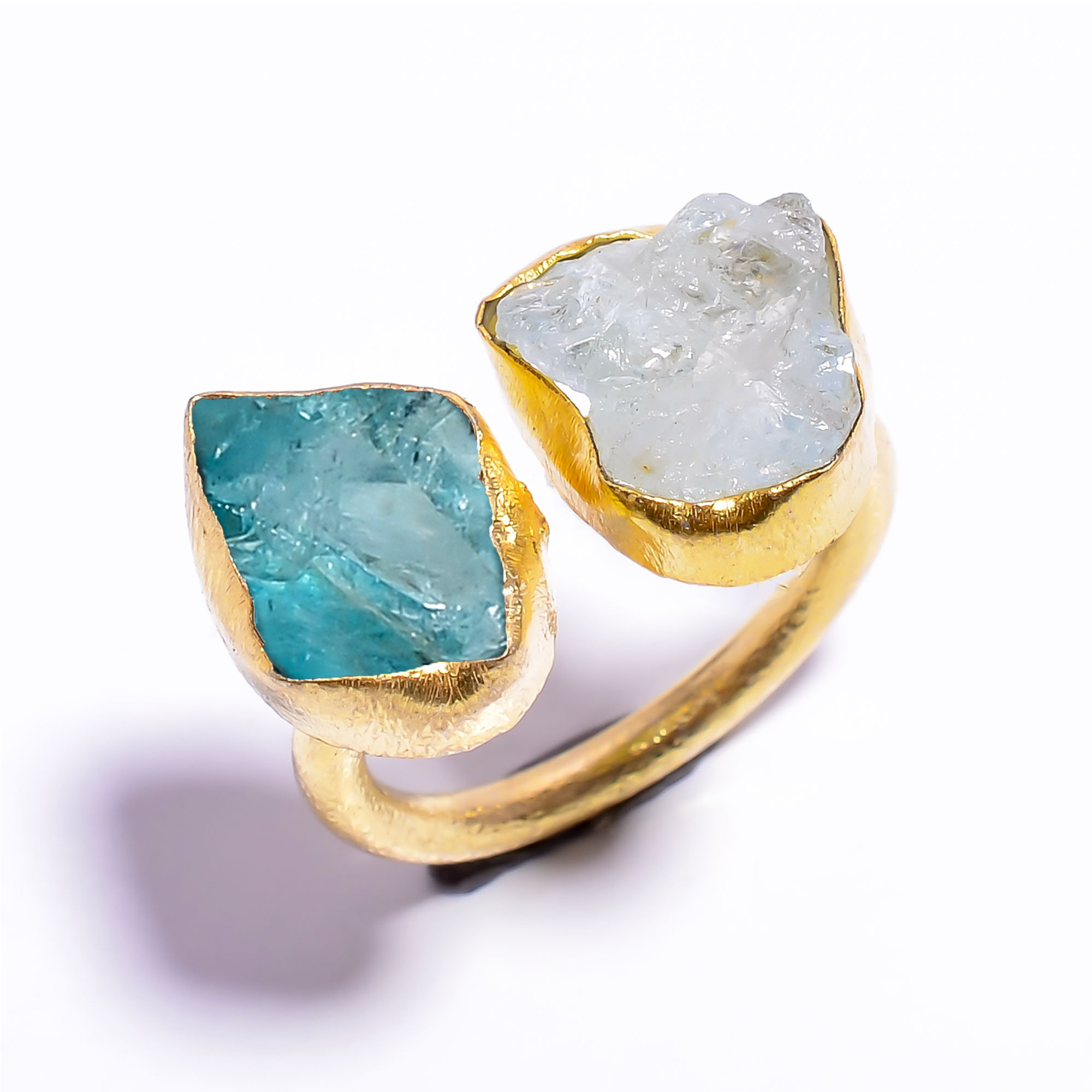 18k Gold Plated Ring Adjustable Natural Sky Apatite Aquamarine Raw Gemstone