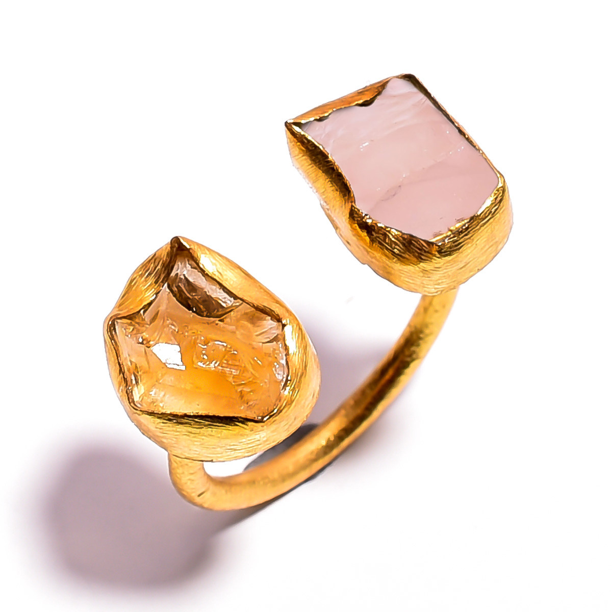 18k Gold Plated Ring Adjustable Natural Citrine Rose Quartz Raw Gemstone