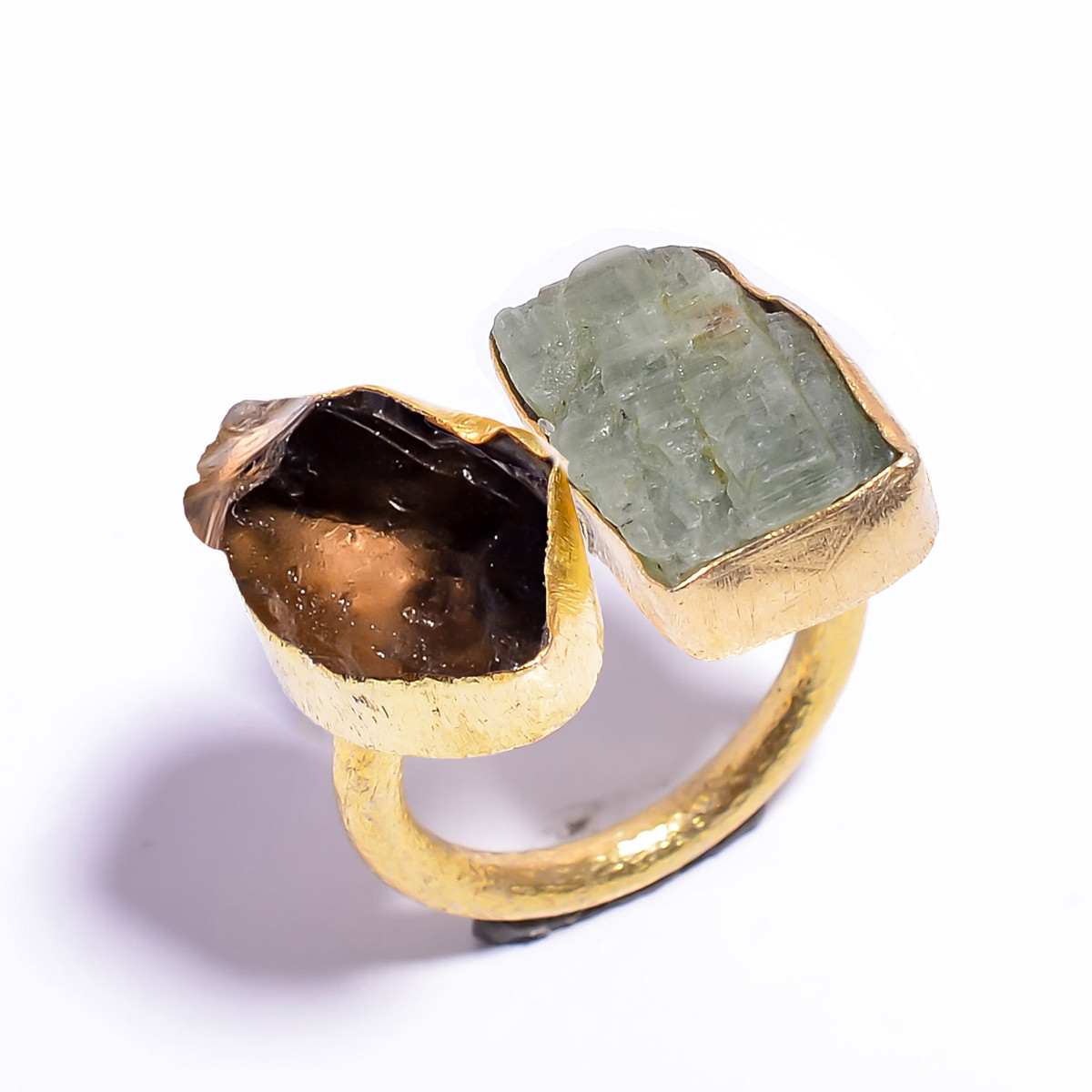 18k Gold Plated Ring Adjustable Natural Smoky Green Kyanite Raw Gemstone