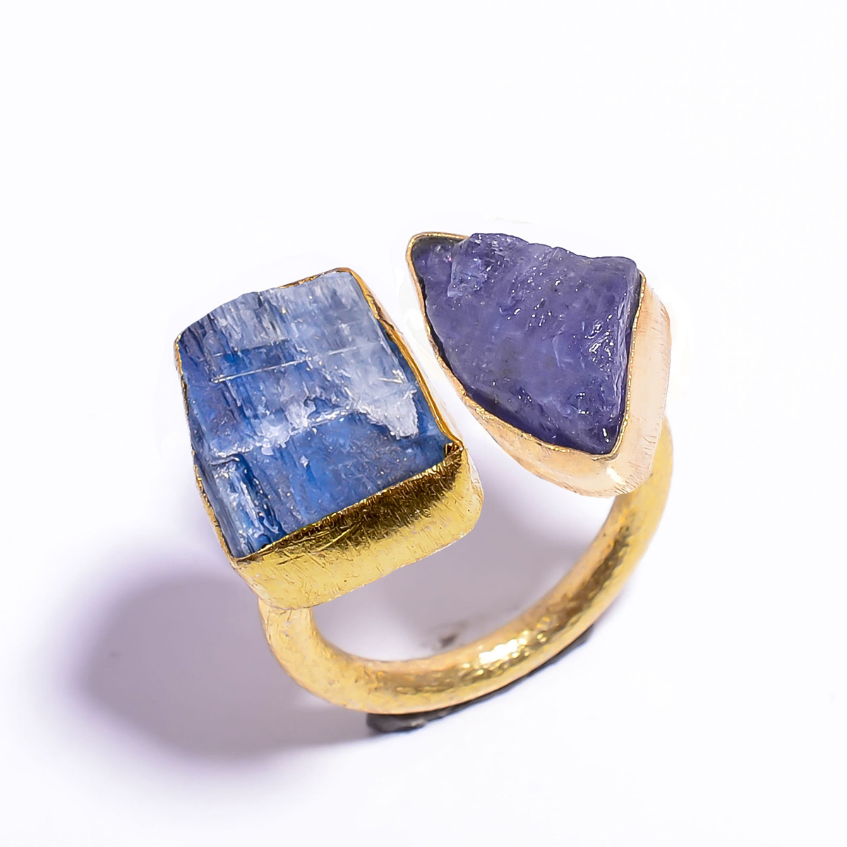 18k Gold Plated Ring Adjustable Natural Tanzanite Blue Kyanite Raw Gemstone