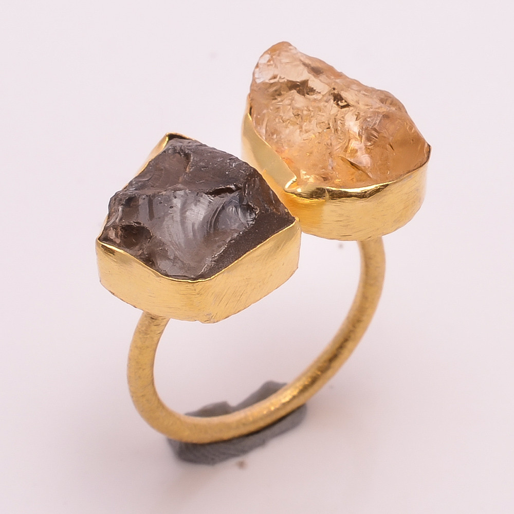 18k Gold Plated Ring Adjustable Natural Citrine Smoky Raw Gemstone
