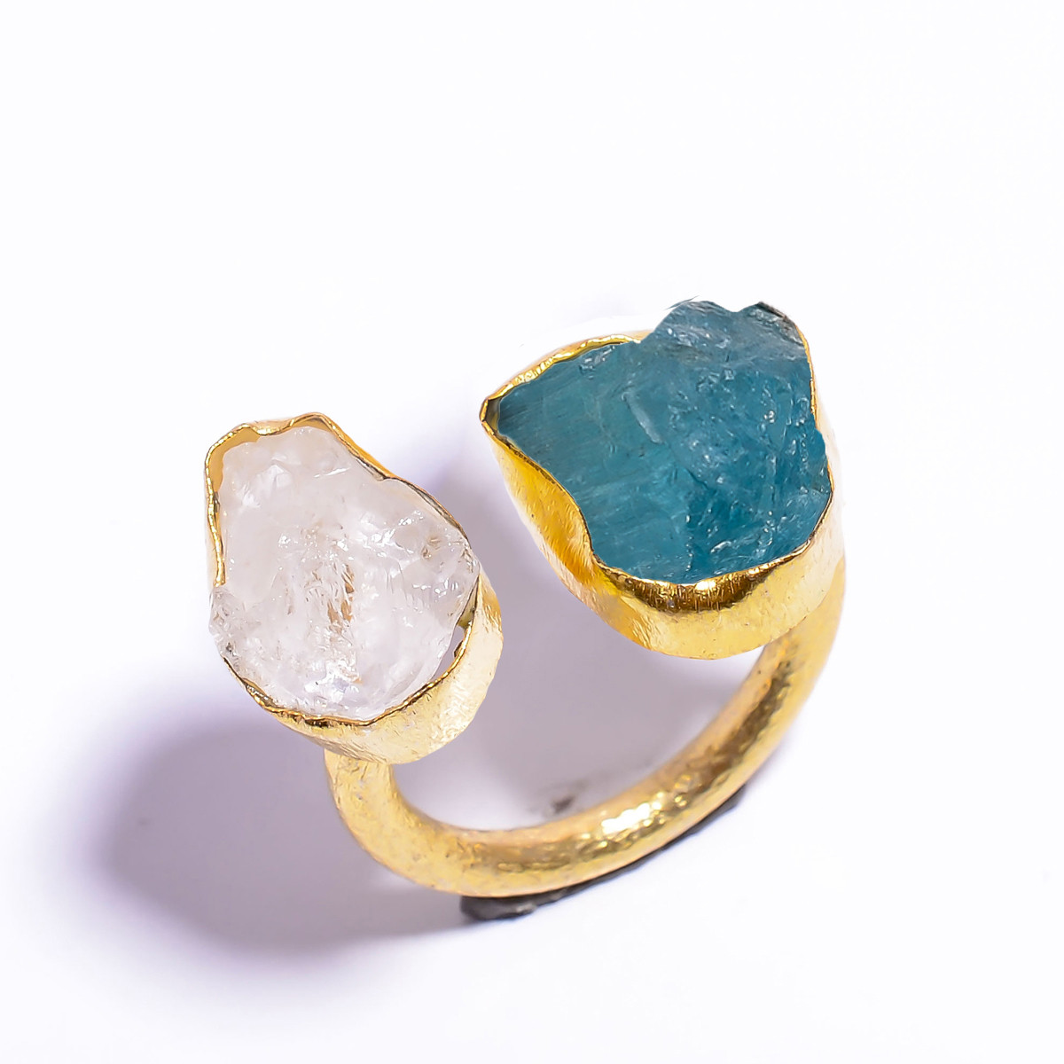 18k Gold Plated Brass Ring Size US 65 Adjustable Natural Sky Apatite Crystal Raw Gemstone
