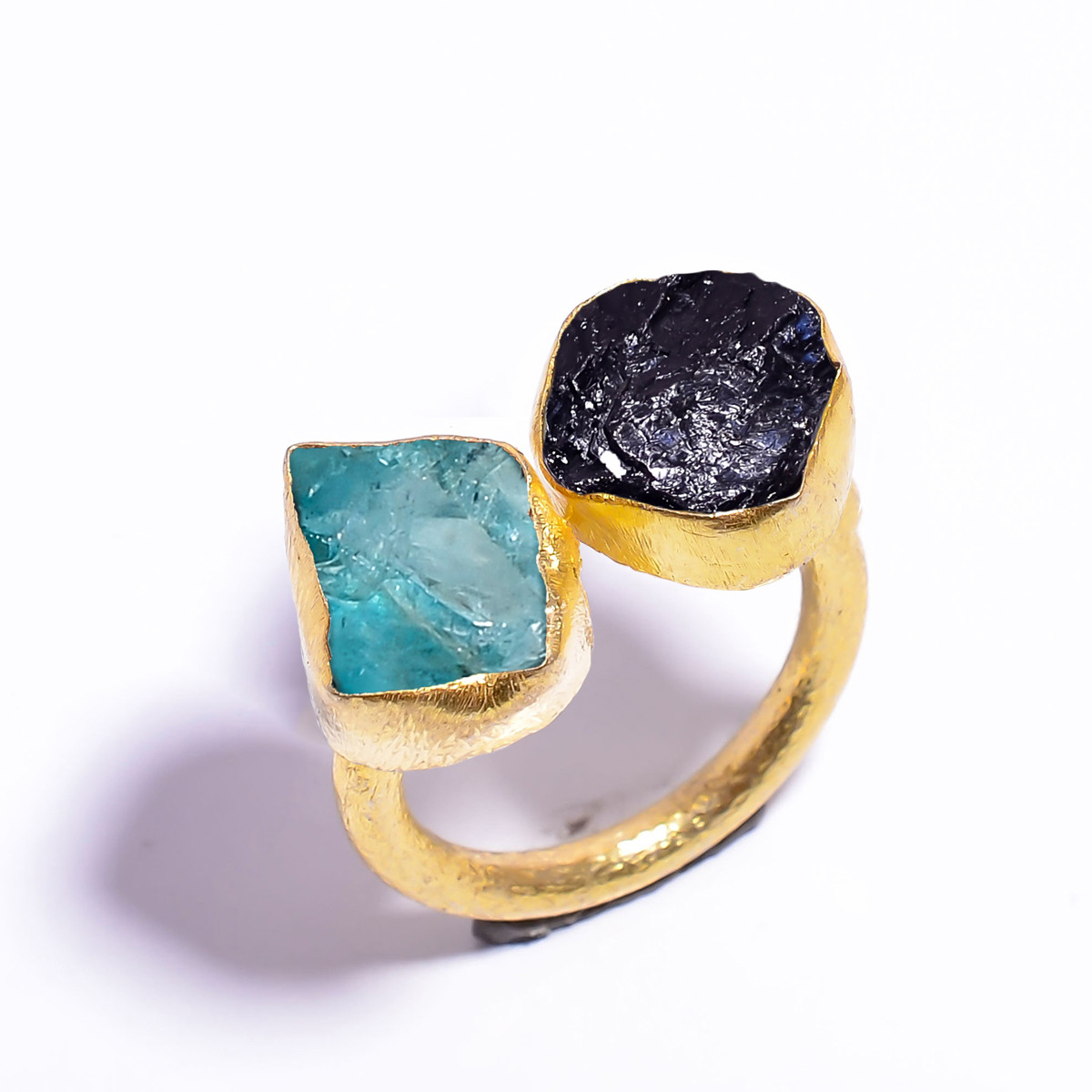 18k Gold Plated Ring Adjustable Natural Black Tourmaline Sky Apatite Raw Gemstone
