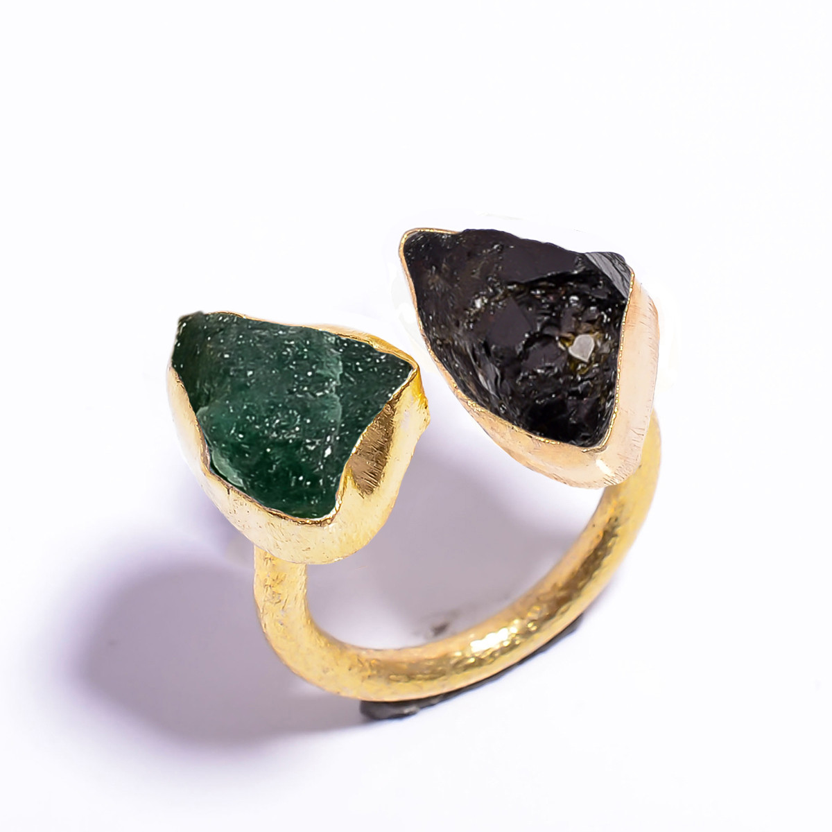 18k Gold Plated Ring Adjustable Natural Black Tourmaline Green Aventurine Raw Gemstone
