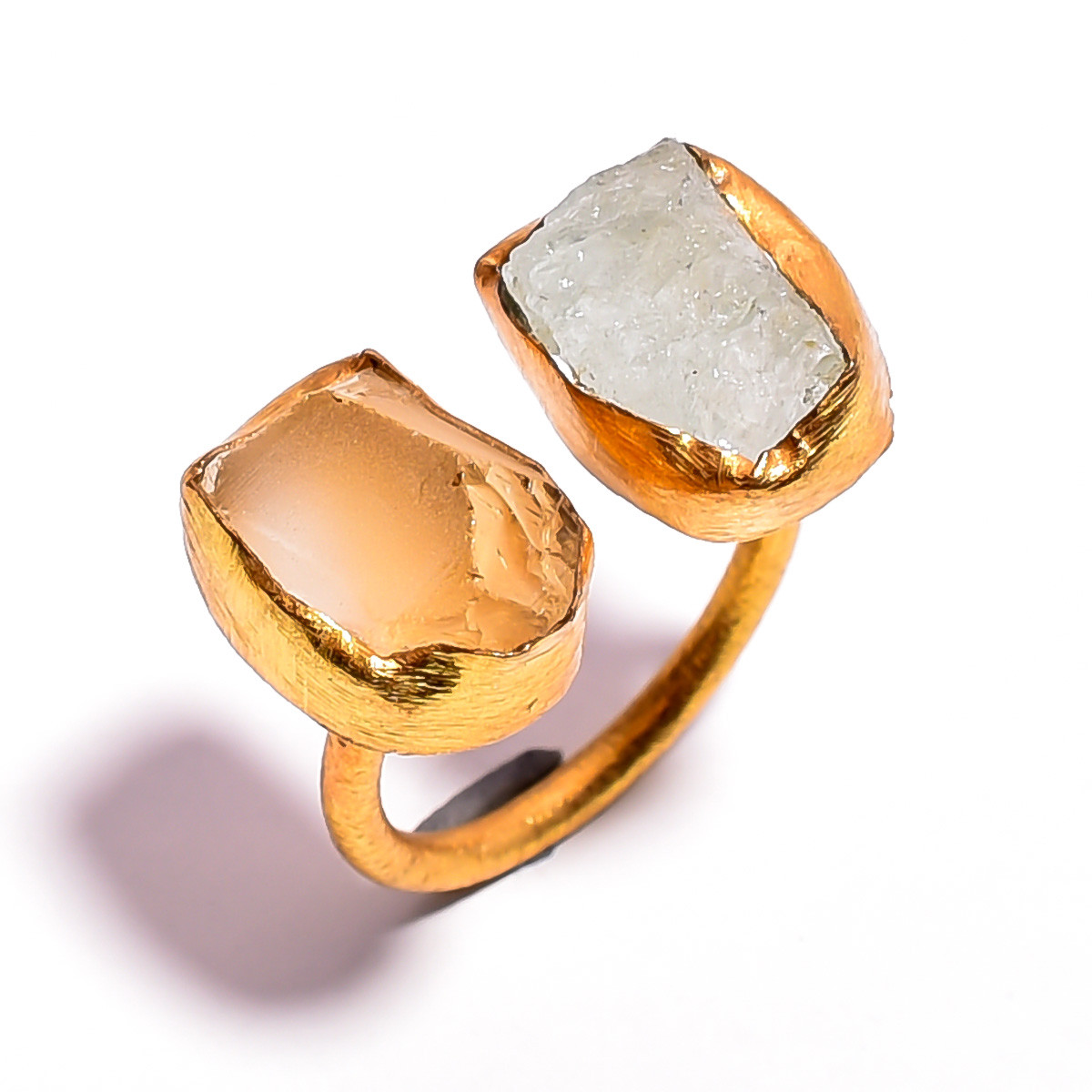 18k Gold Plated Ring Adjustable Natural Citrine Aquamarine Raw Gemstone