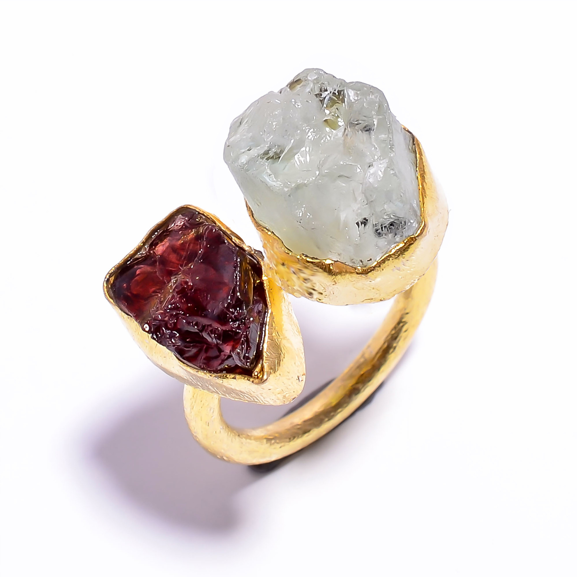 18k Gold Plated Ring Adjustable Natural Garnet Aquamarine Raw Gemstone