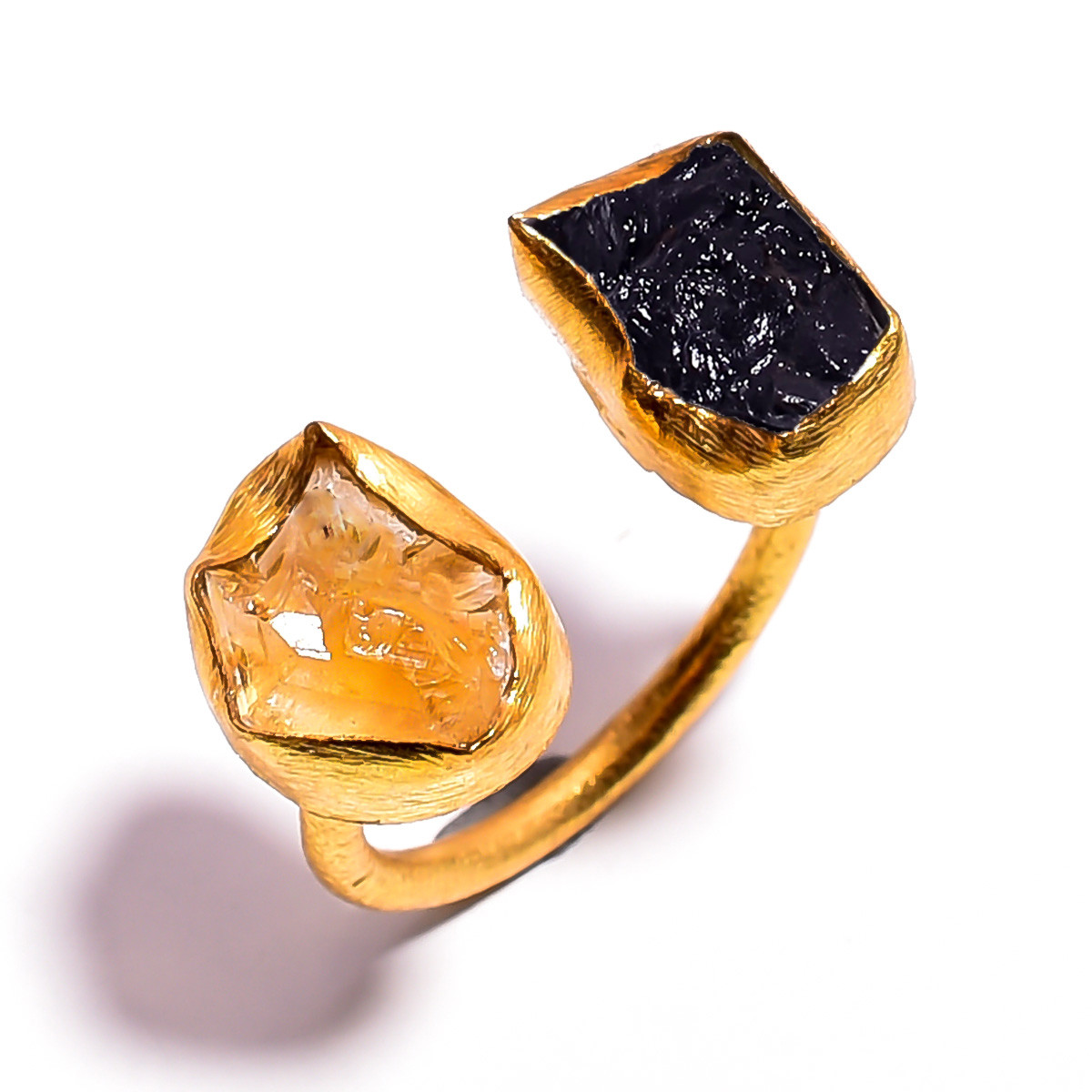 18k Gold Plated Ring Adjustable Natural Black Tourmaline Citrine Raw Gemstone