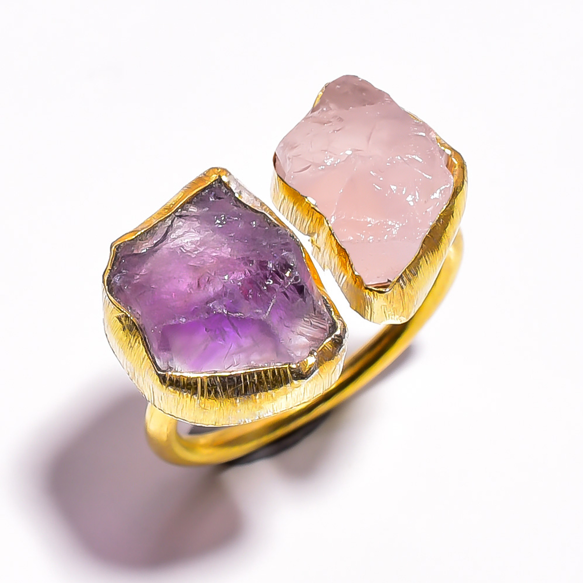 18k Gold Plated Ring Adjustable Natural Amethyst Rose Quartz Raw Gemstone