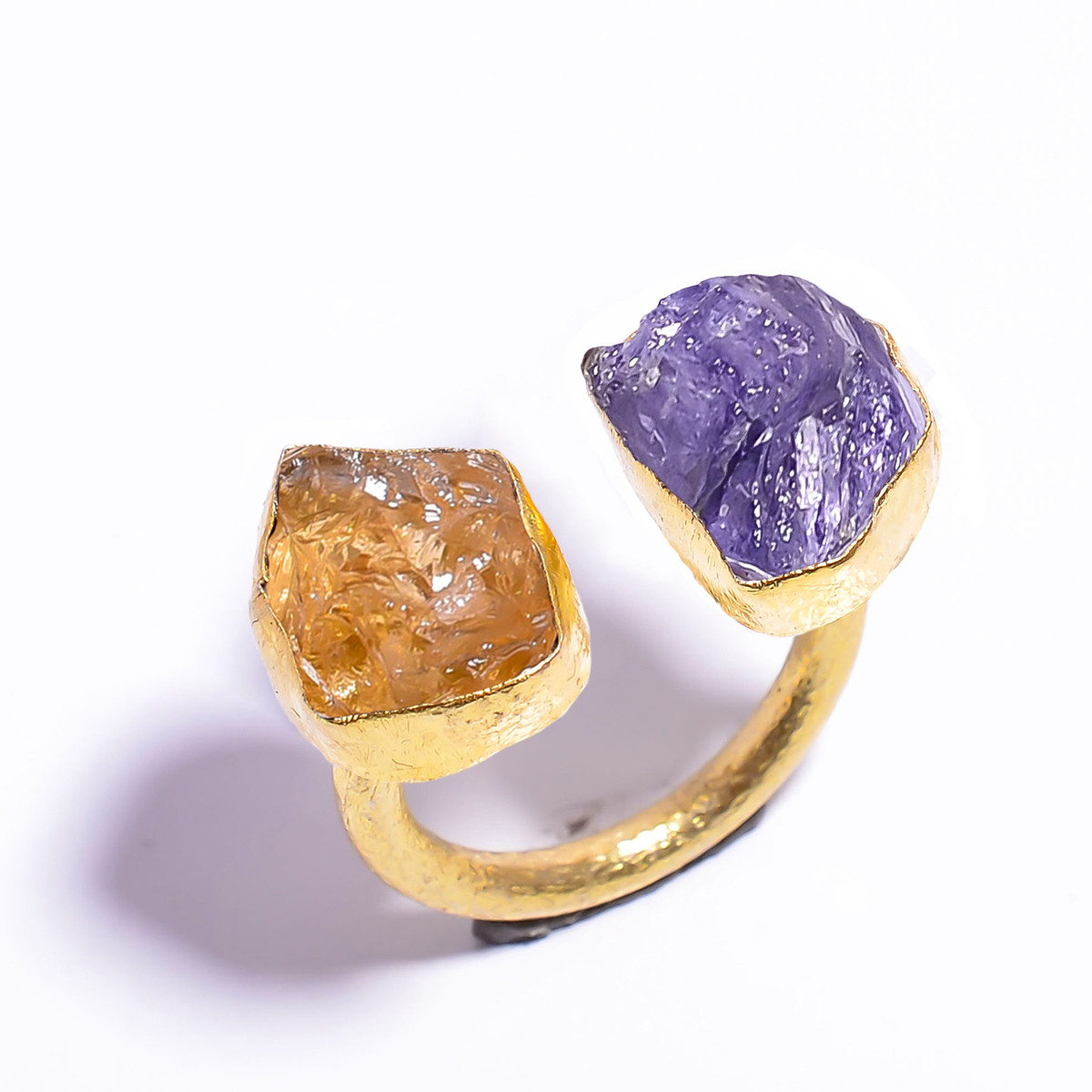 18k Gold Plated Brass Ring Size US 65 Adjustable Natural Tanzanite Citrine Raw Gemstone