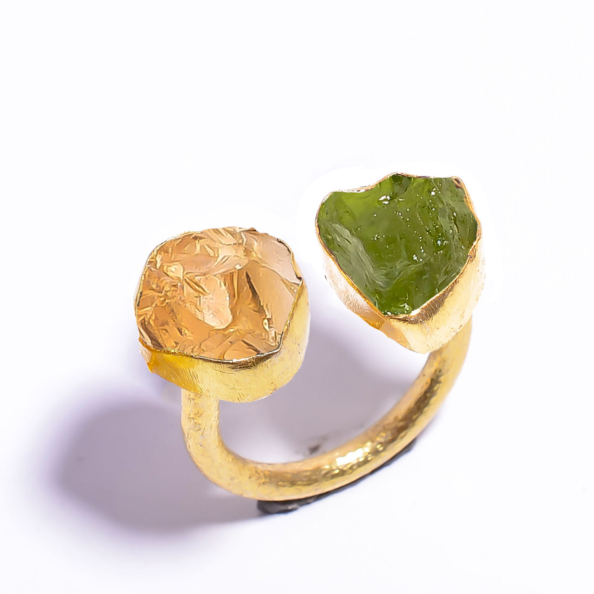 18k Gold Plated Ring Adjustable Natural Citrine Peridot Raw Gemstone