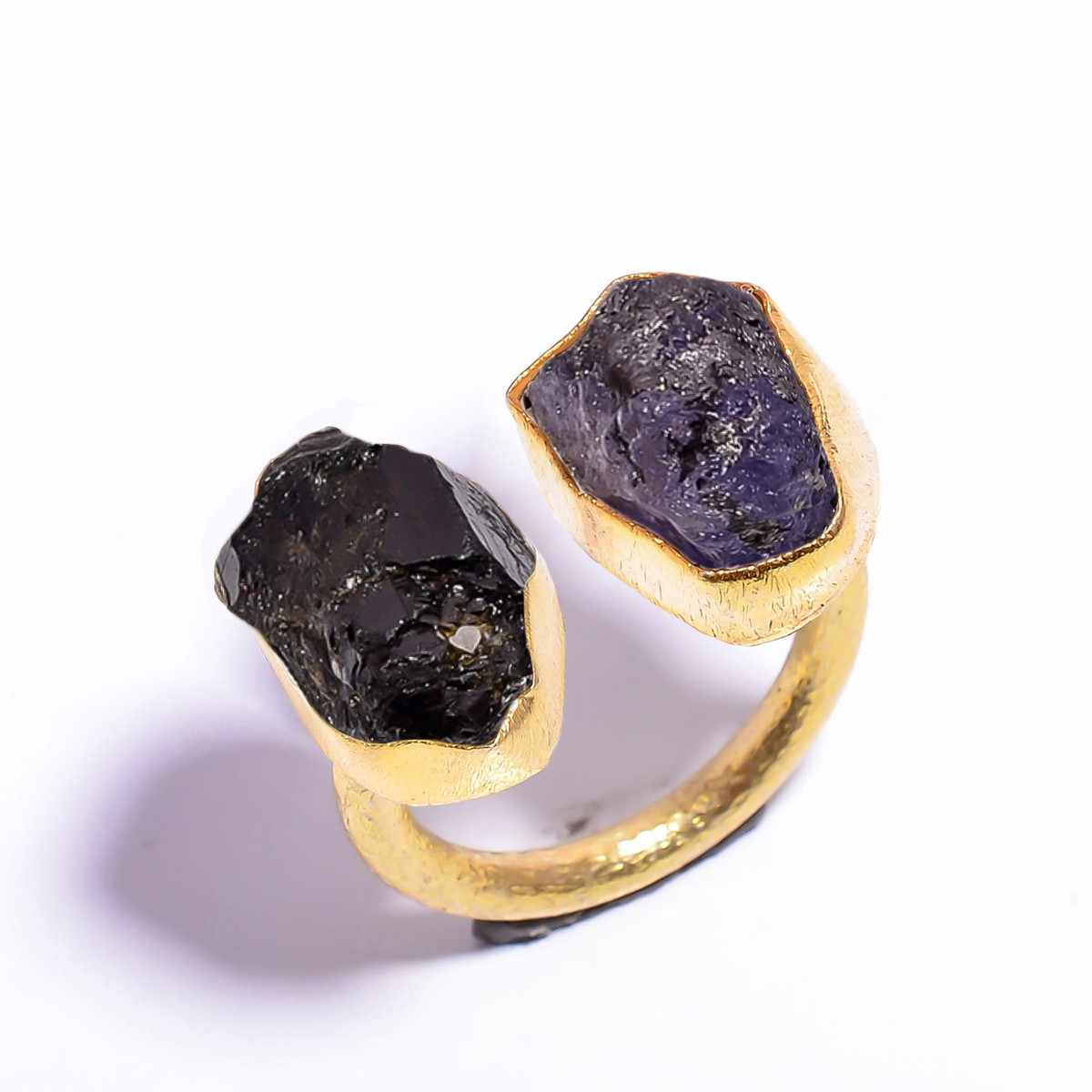 18k Gold Plated Ring Adjustable Natural Black Tourmaline Tanzanite Raw Gemstone