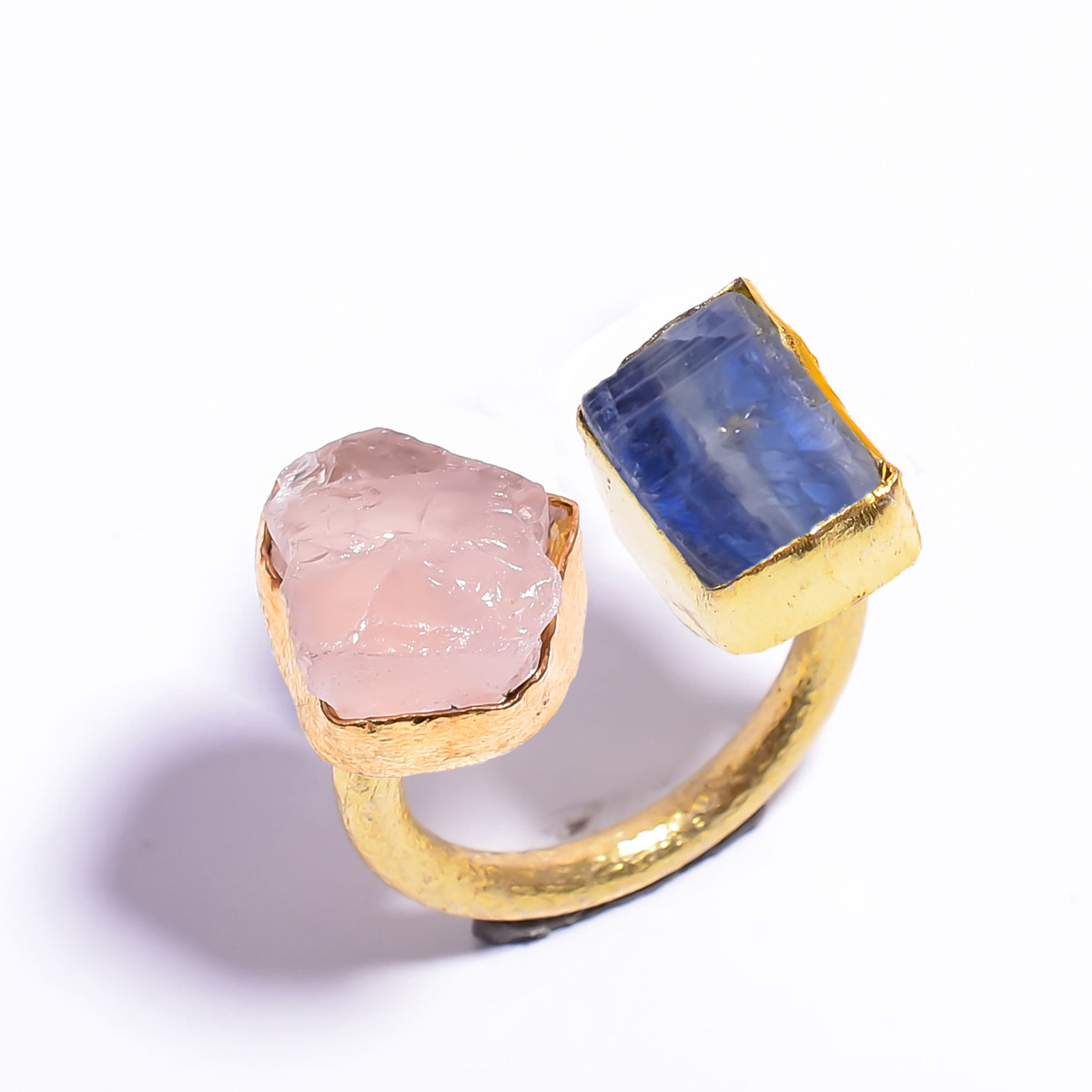 18k Gold Plated Ring Adjustable Natural Blue Kyanite Rose Quartz Raw Gemstone