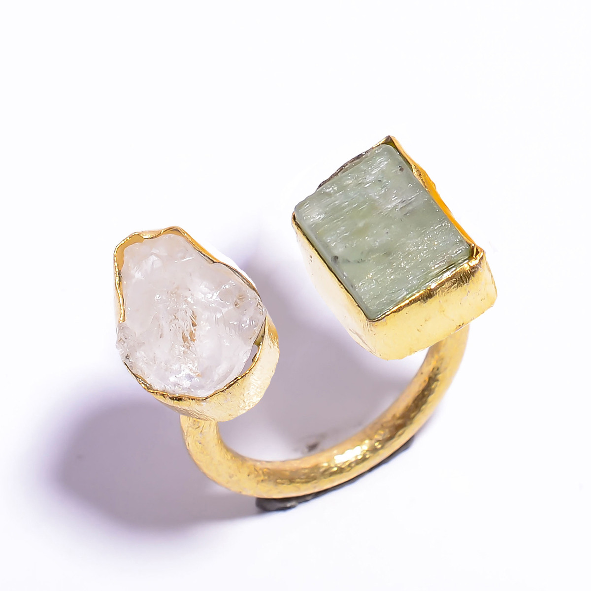 18k Gold Plated Ring Adjustable Natural Green KyaniteCrystal Raw Gemstone