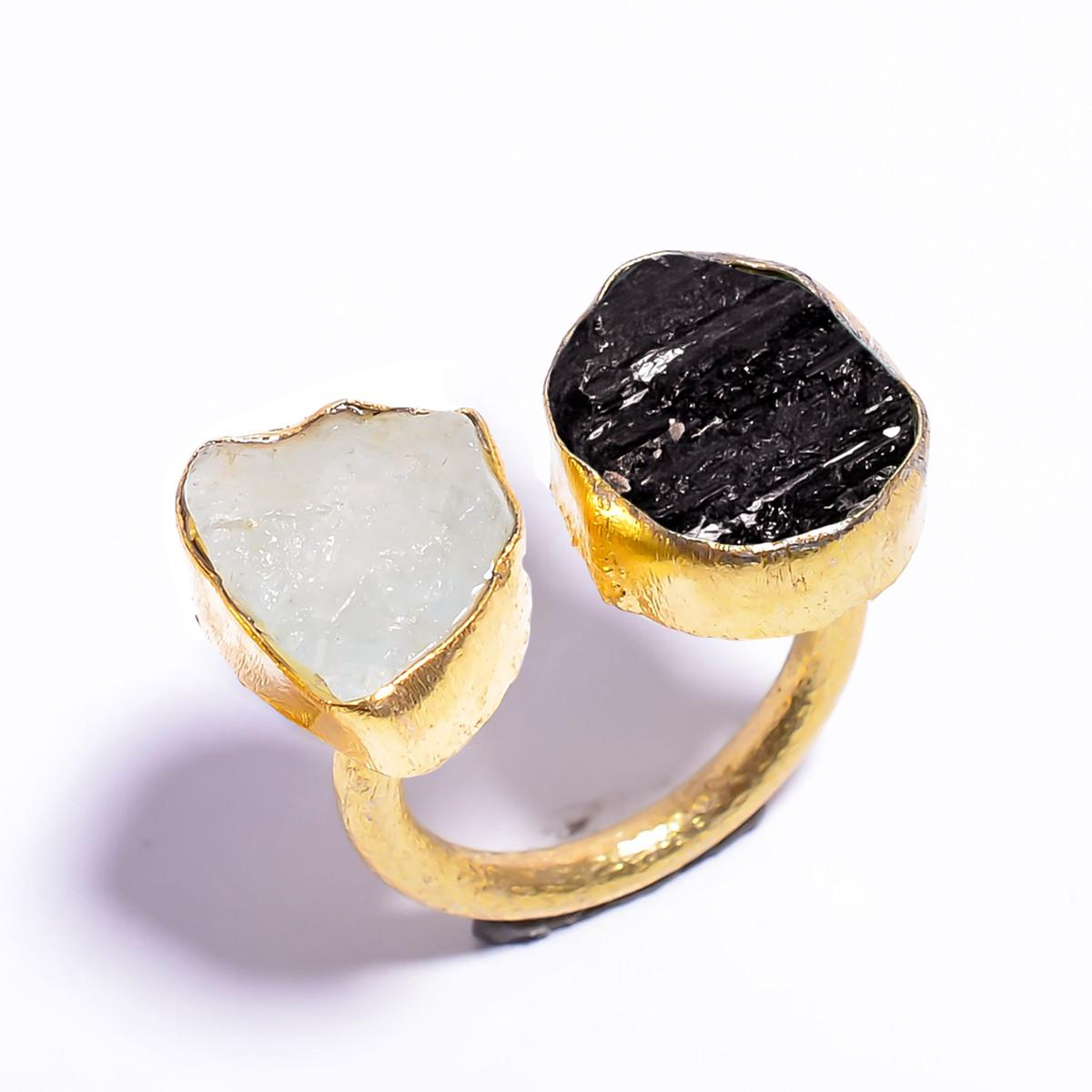 18k Gold Plated Ring Adjustable Natural Black Tourmaline Aquamarine Raw Gemstone