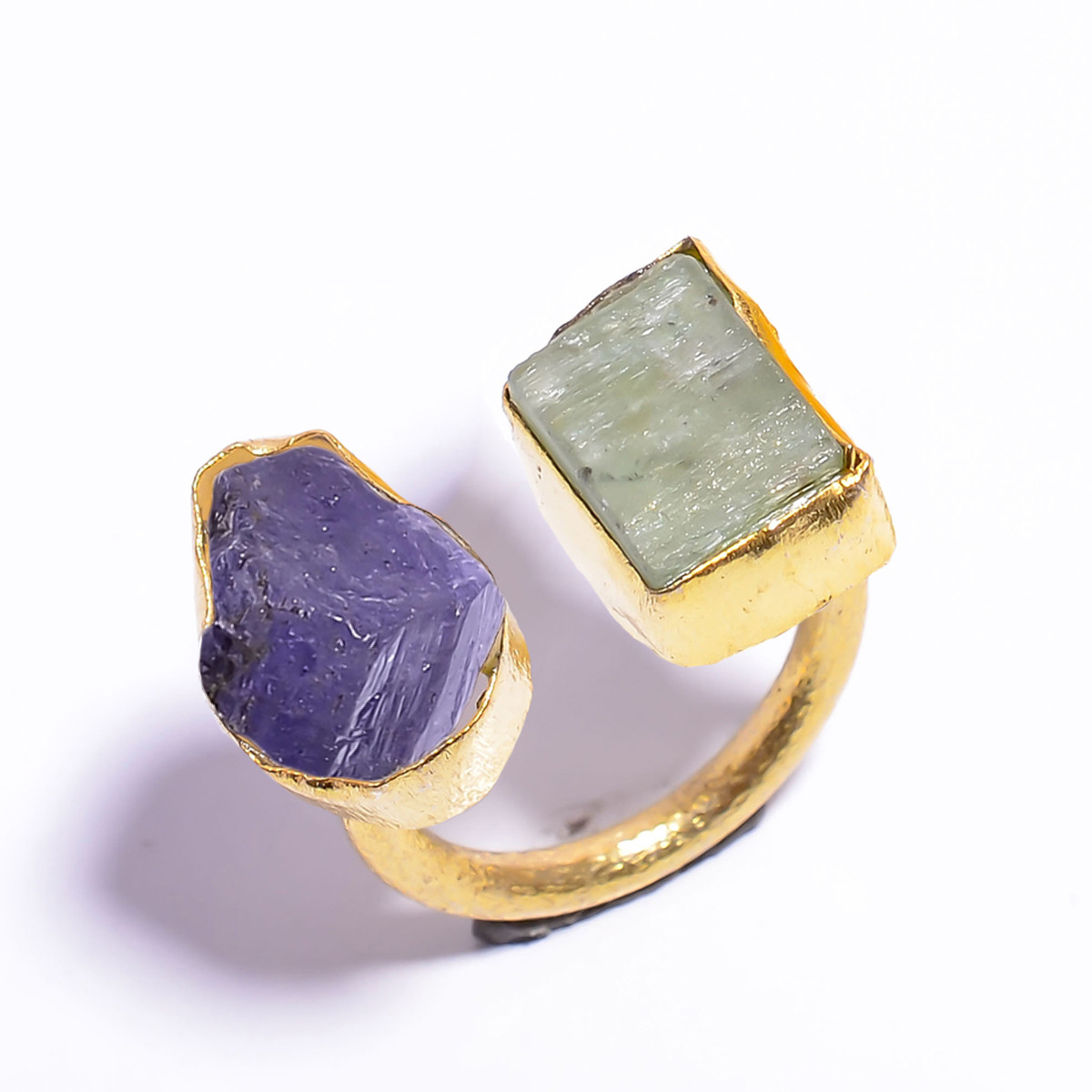 18k Gold Plated Ring Adjustable Natural Green KyaniteTanzanite Raw Gemstone
