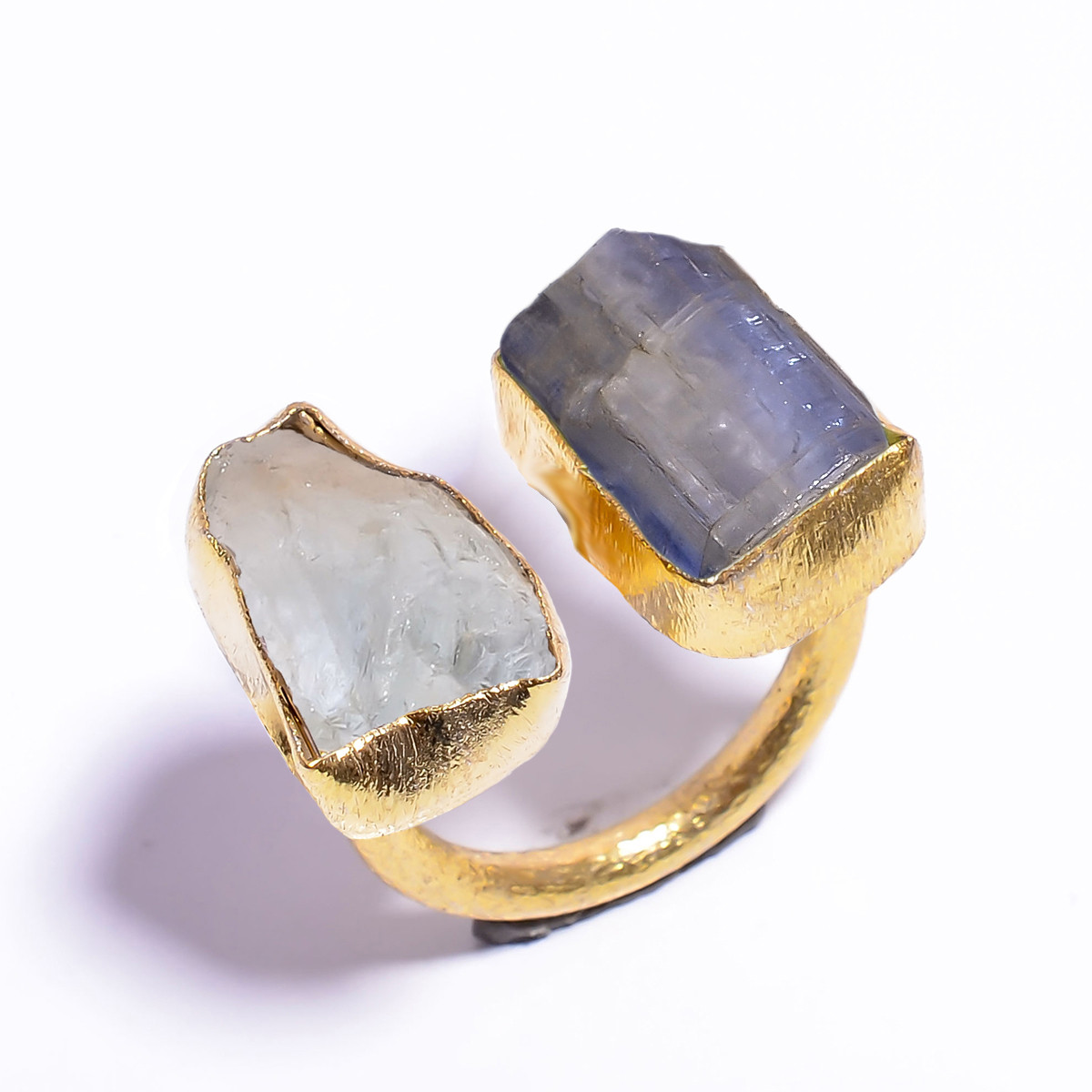 18k Gold Plated Ring Adjustable Natural Aqumarine Blue Kyanite Raw Gemstone