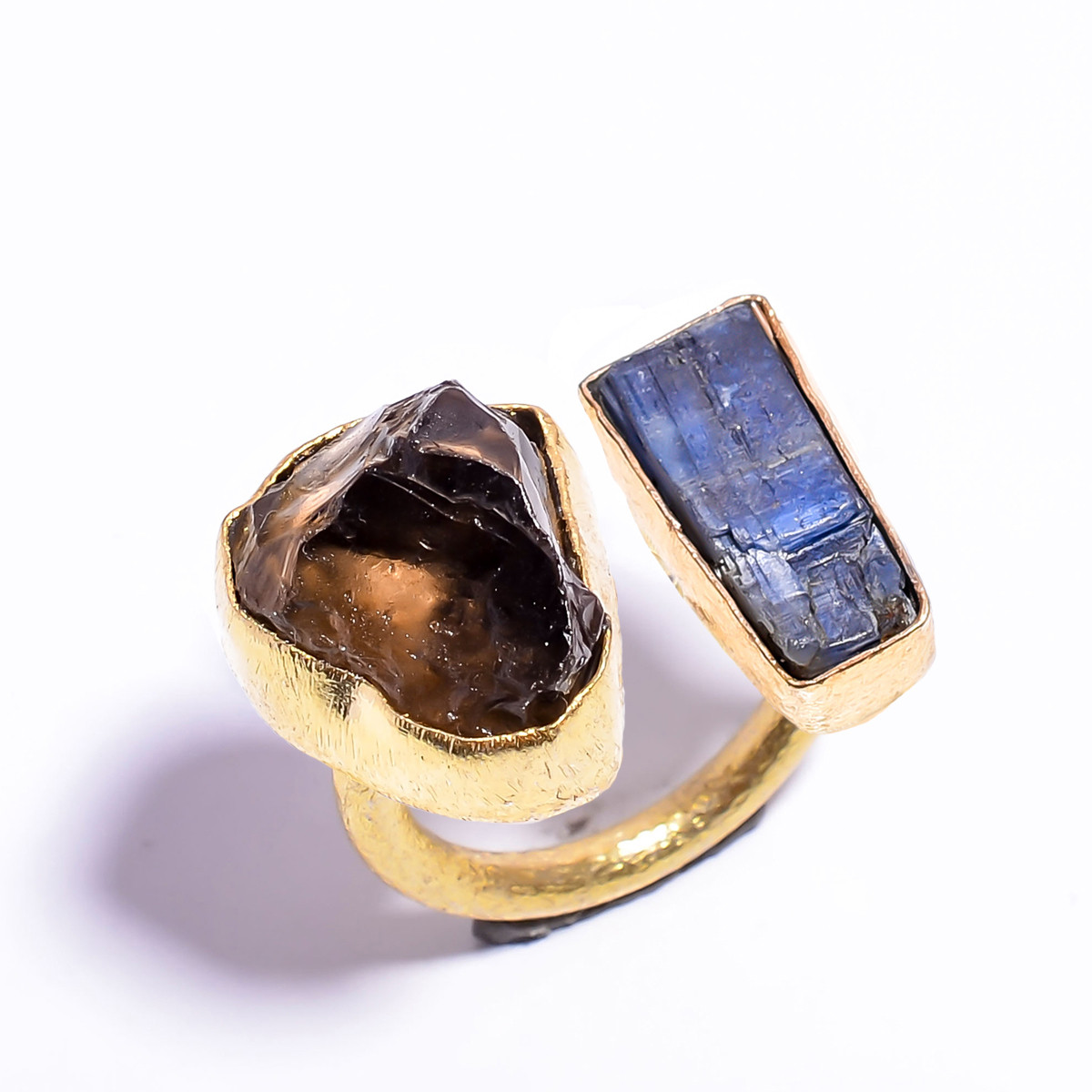 18k Gold Plated Ring Adjustable Natural Smoky Blue Kyanite Raw Gemstone