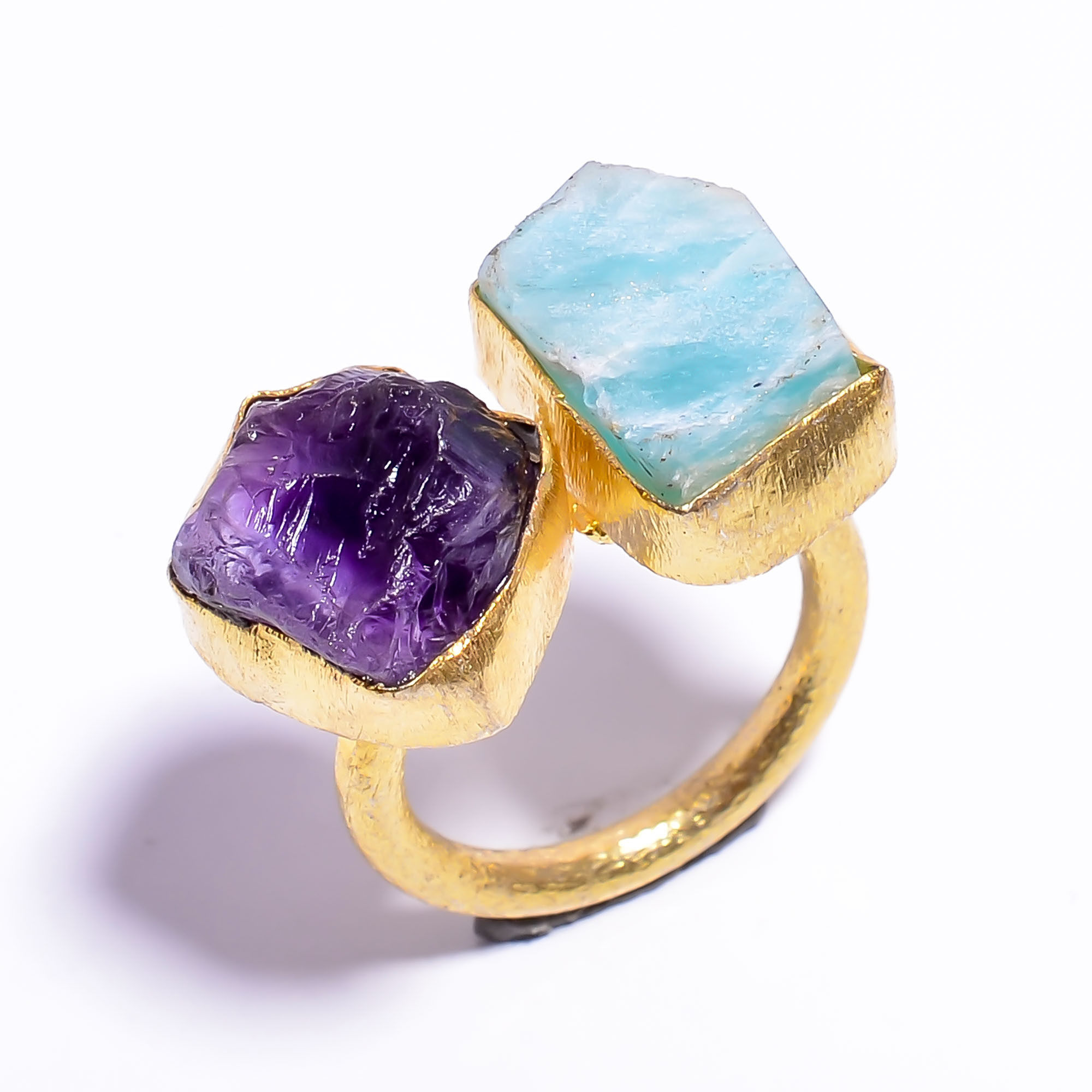 18k Gold Plated Ring Adjustable Natural Amethyst Amazonite Raw Gemstone