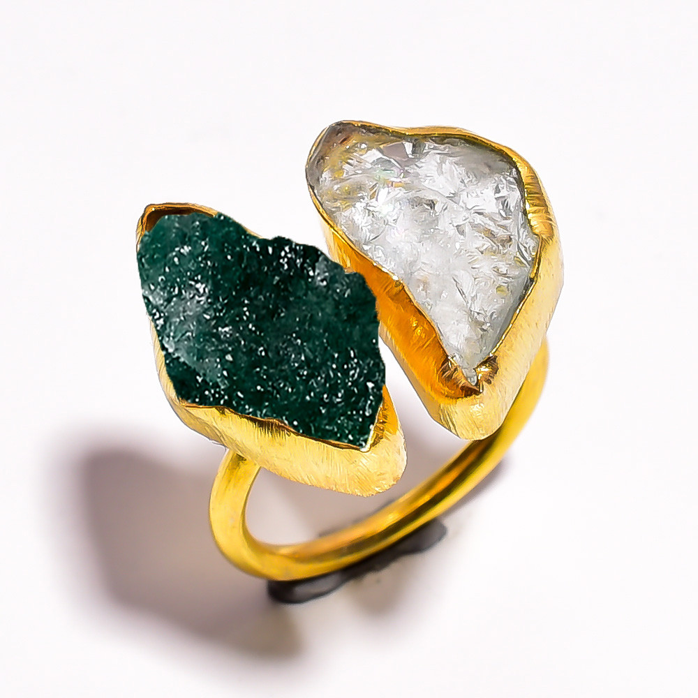 18k Gold Plated Ring Adjustable Natural Green Aventurine Aquamarine Raw Gemstone