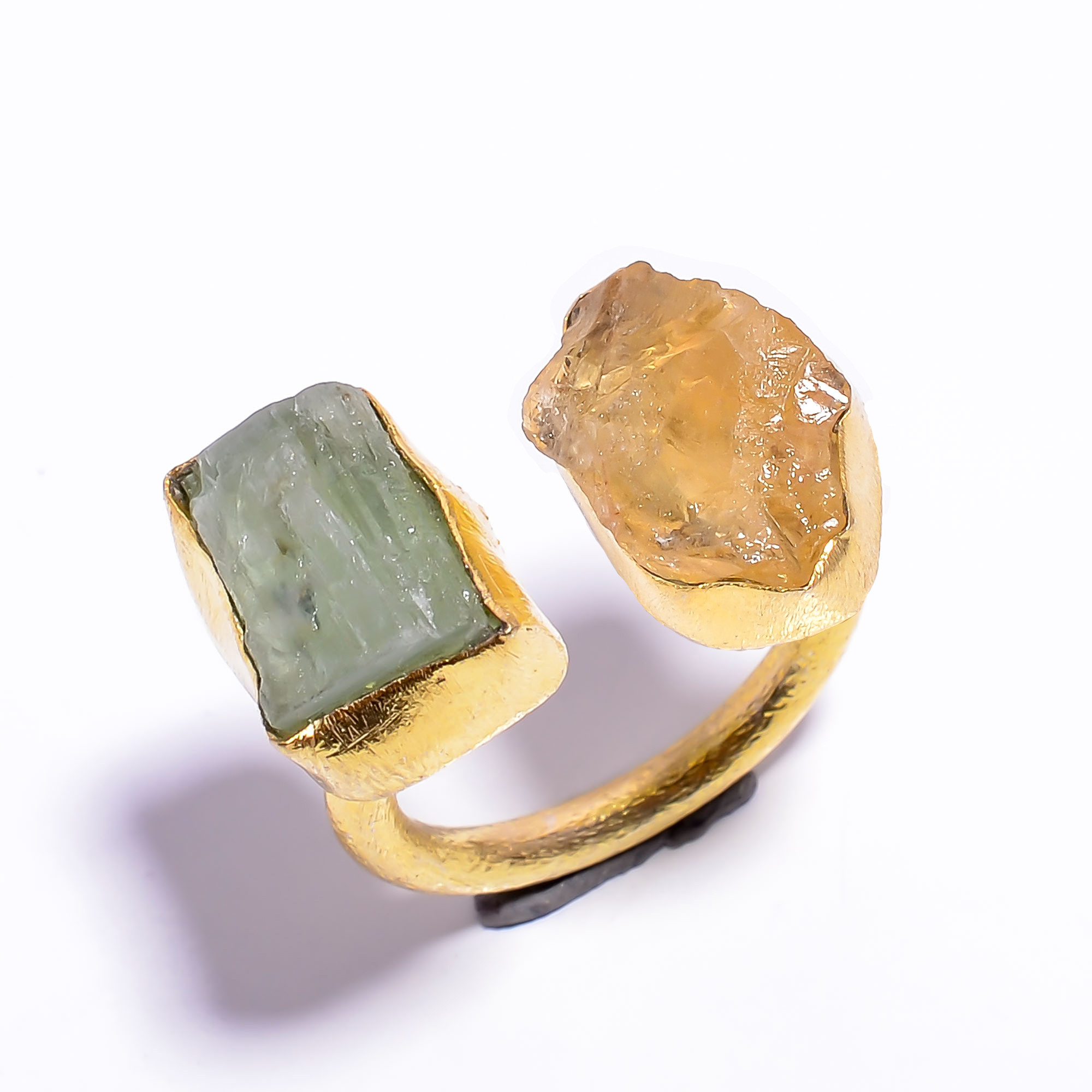 18k Gold Plated Ring Adjustable Natural Green Kyanite Citrine Raw Gemstone