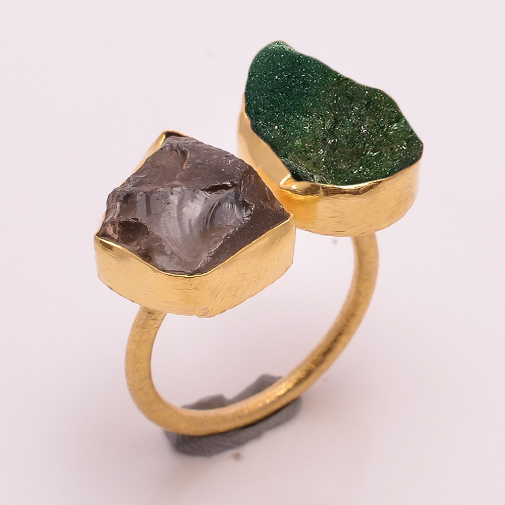 18k Gold Plated Ring Adjustable Natural Smoky Green Aventurine Raw Gemstone