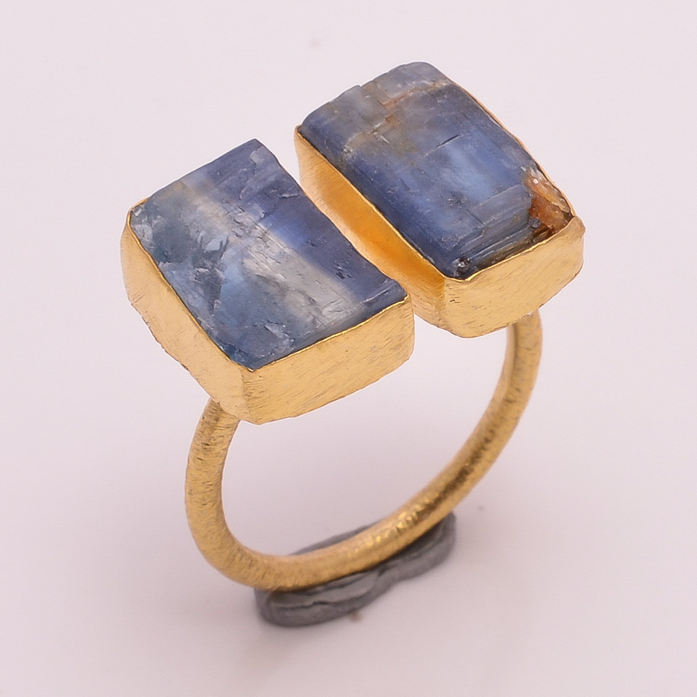 Natural Raw Blue Kyanite Gemstone 18k Gold Plated Ring Adjustable
