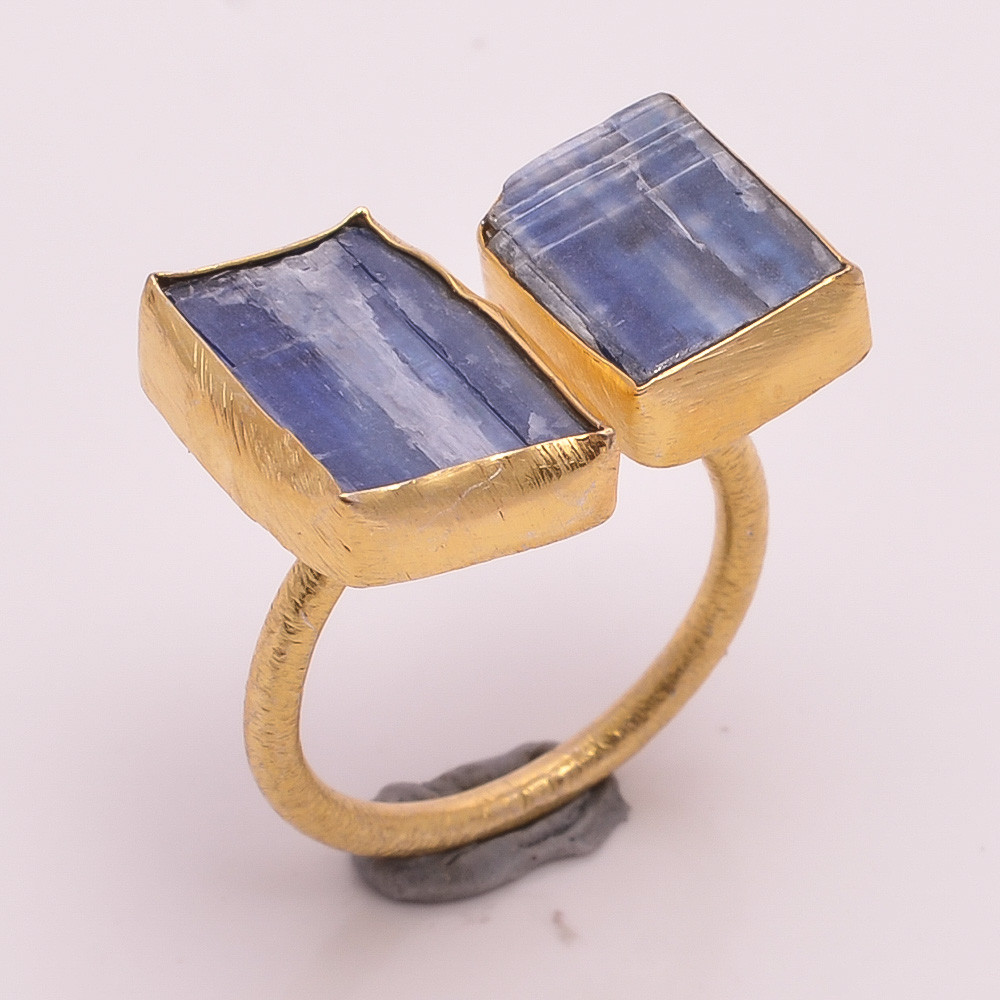 Natural Raw Blue Kyanite Gemstone 18k Gold Plated Ring Adjustable